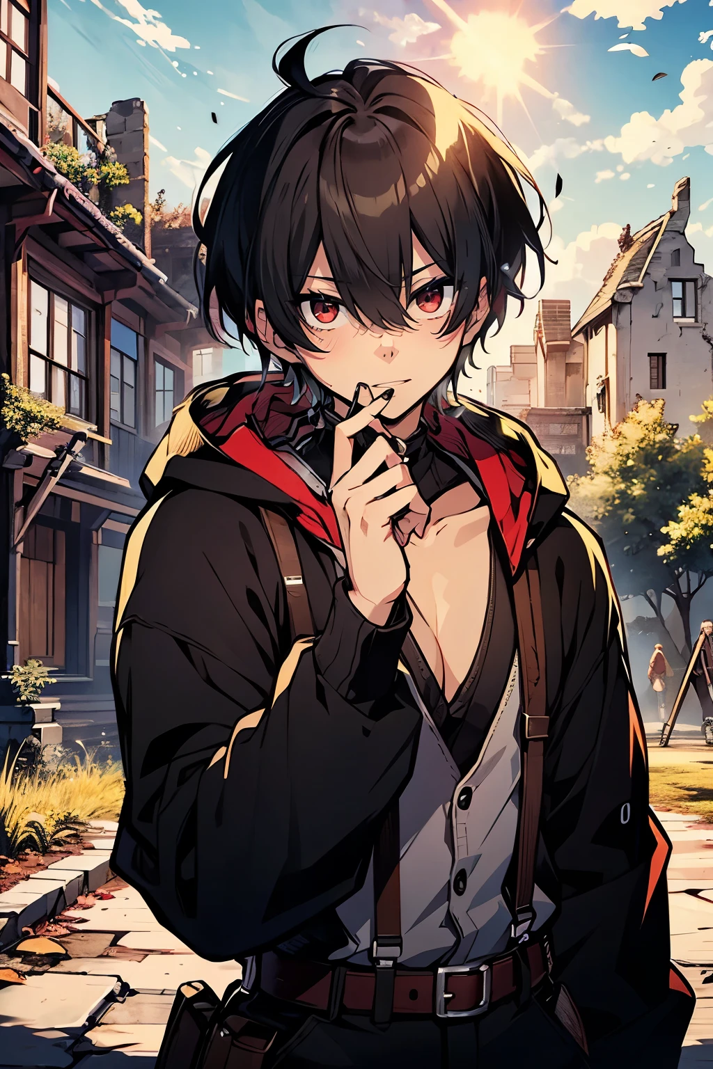 hasuichi nishizono, rekkyo sensen, rekkyou sensen, male focus, boys with((black hair, tits cleavage, waving is hands, suspenders, dress, blue clothes, belt, blue knit sweater, straps, furry hoodies, upper body, short hair, long sleeves, perfect hands, perfect fingers)), background with((fantasy world, cherry brossom, ruin, castle, beautiful sky, shining sky, sunshine))