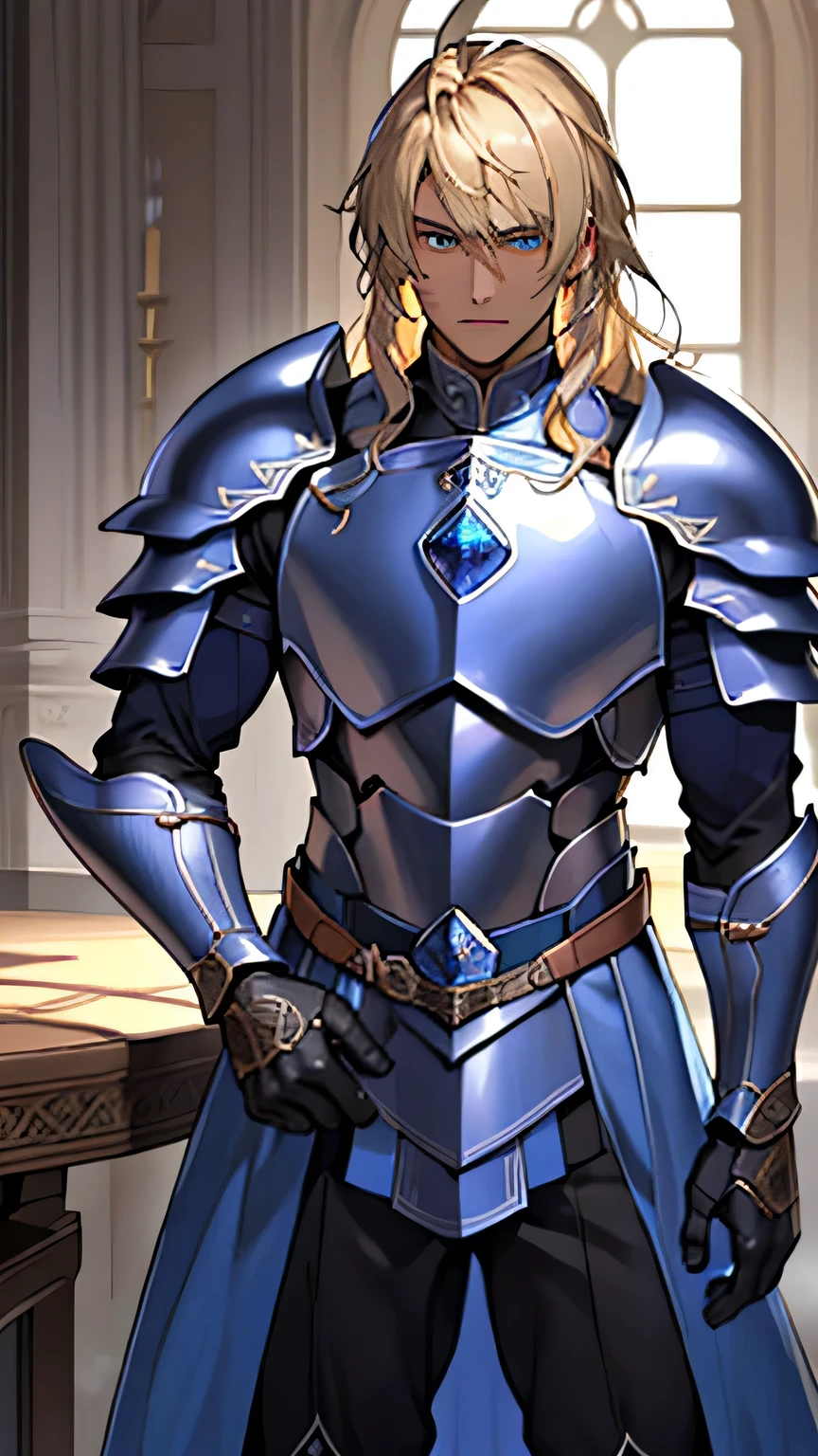 ((masterpiece)), ((best quality)), perfect detailed eyes, perfect detailed face, ((Blue sapphire armor)), knight, great sword, long sword, long blade, 20-year-old male, Knights of the Round Table, Arthurian legend, blonde hair, long hair, cowboy shot