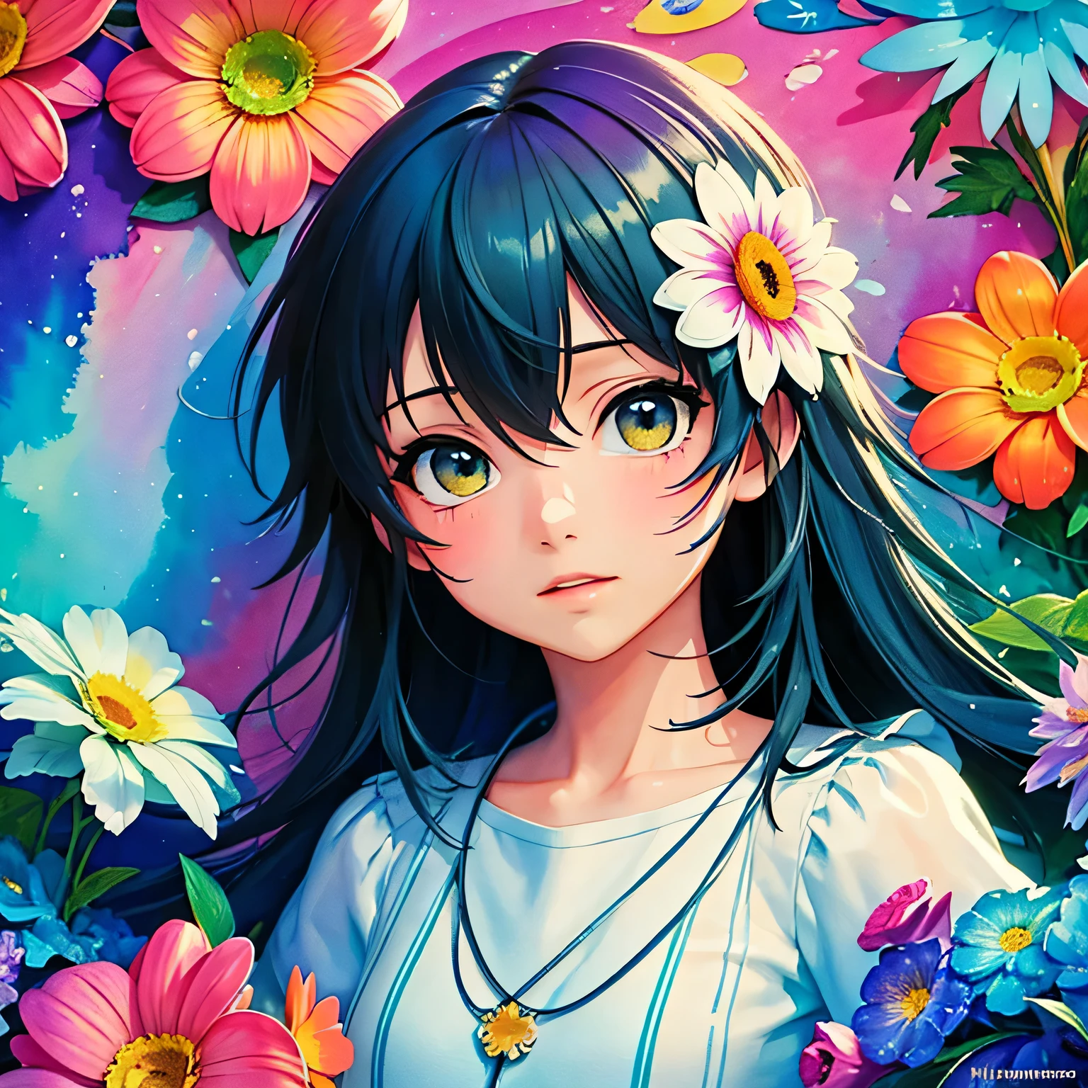 Makoto Shinkai style、8K Quality、Intense watercolor, Detailed watercolor art, Watercolor splash, Surreal, avant-garde pop art, Beautiful and expressive paintings, Beautiful artwork illustration, Very colorful tones, wonderful, Cool beauty, highest quality、Official Art, Vector art, Stylish design, ((The most beautiful girl of all time)), (((highest quality))), HDR, ((detailed)), (((Doodle Art)), ((masterpiece)), ((Super detailed)), (((Colorful flowers))), Midsummer Beach,