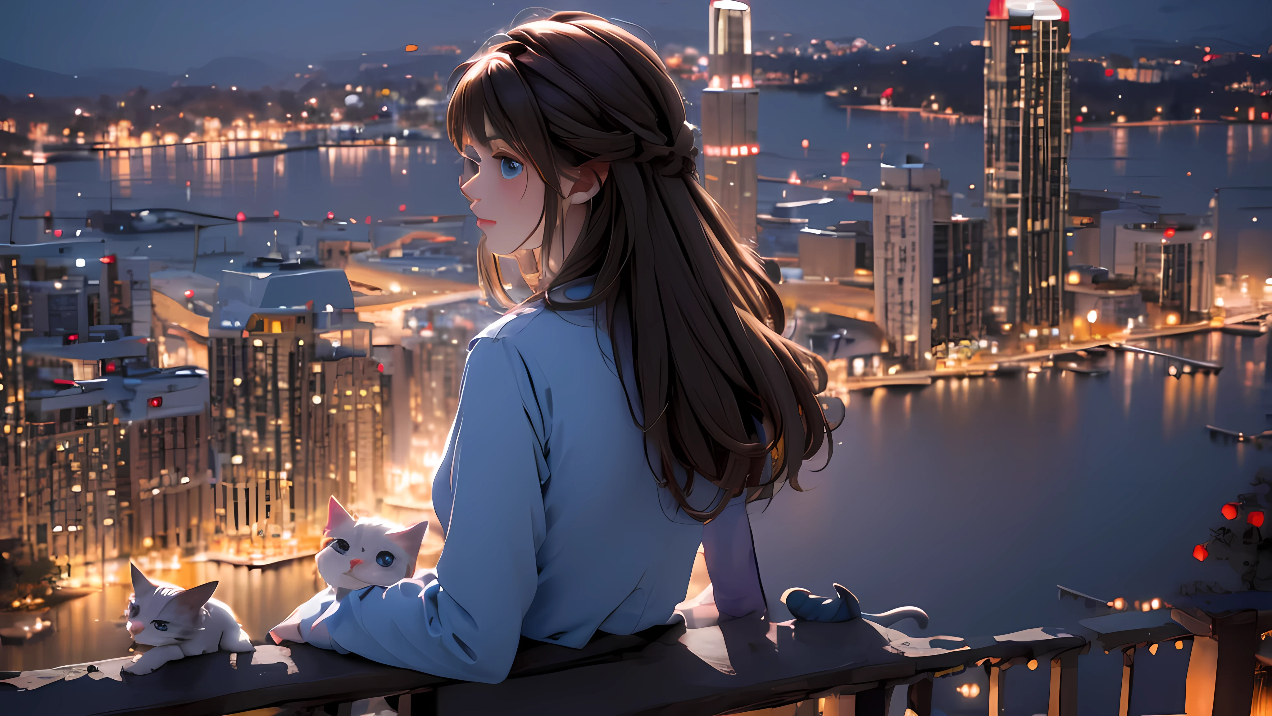 1 girl, medium light brown hair, light blue eyes, wearing cosplay cat, night city, absurdres, high res, ultrasharp, 8K, masterpiece, looking from behind