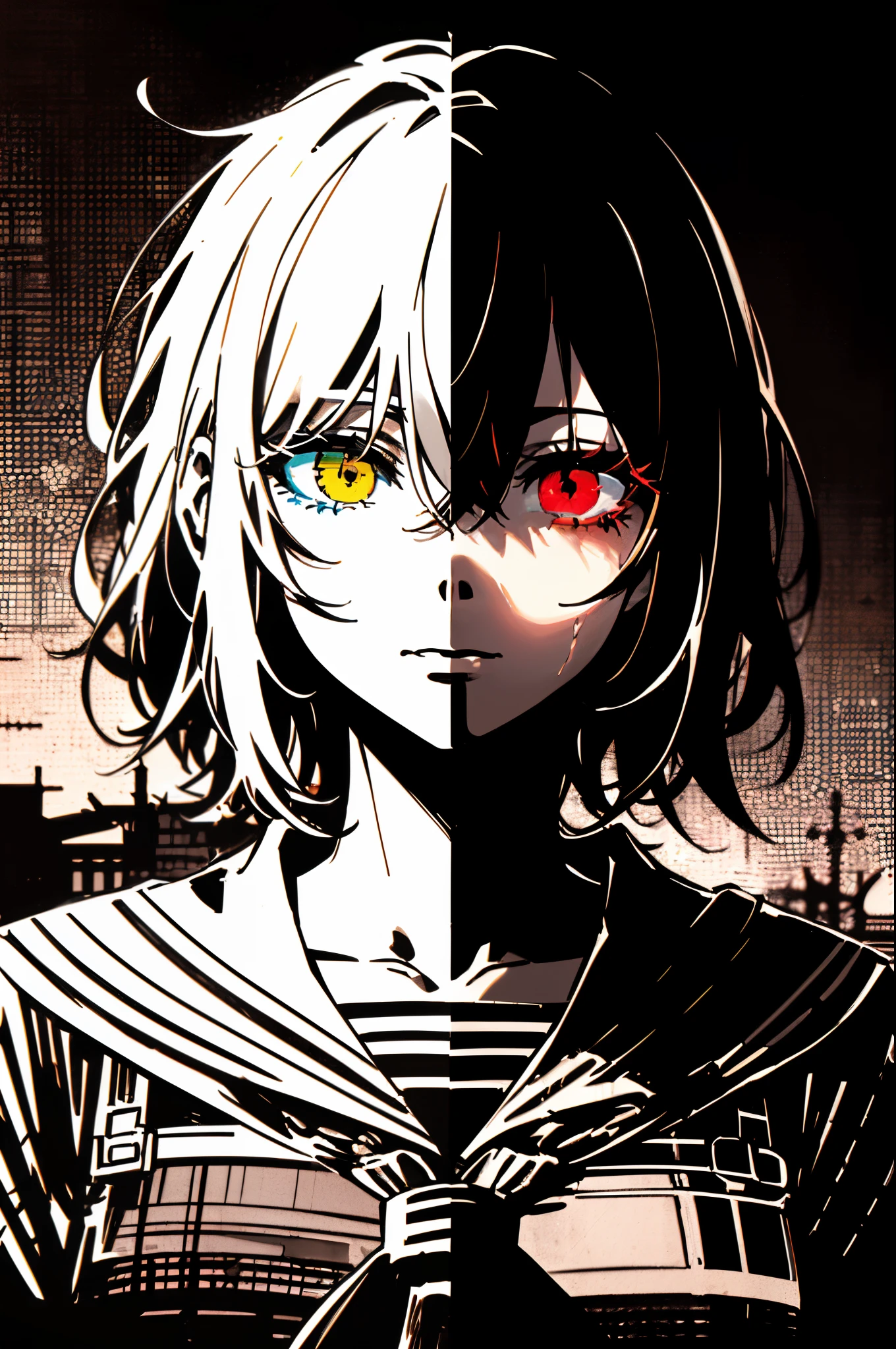 v5lcn style, Black and Red,One Girl,Very Short Hair,Highly detailed eyes,Highly detailed face,Very fine hair,8k,1920s,masterpiece,highest quality,(Left and right split theme:0.7),Without gaps,Heterochromia iridis,((2 tone hair:1.2)),(Chiaroscuro:1.2),(On the left are black hair and red eyes,On the right are white hair and blue eyes:1.2),(Sailor suit:1.2),The face is clean,Eyes shining in the shadows