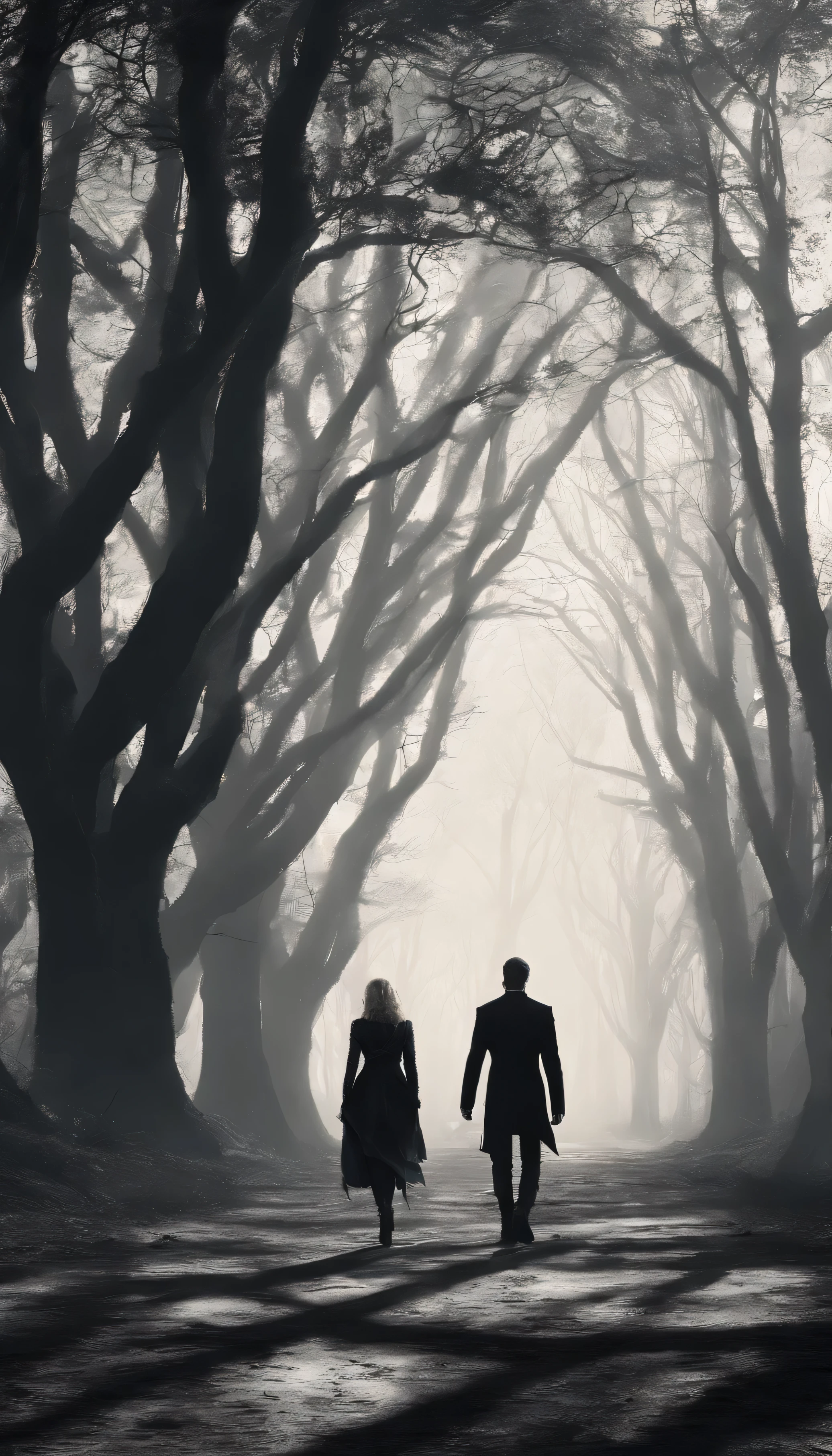 Imagine: There is a silhouette of a man with short blond hair, olhos azuis e pele branca, vestido com roupas pretas e um casaco branco e azul, He is next to a beautiful woman with dark wavy hair, dressed in leather pants and a white leather tunic. The two are walking on a road in the middle of a nightmarish forest with tall, shadowy trees.. Ao redor nevoa e seres nas sombras. 8K, wide angle. Bem detalhado. hyperrealism detailed photo shoot style. Cores frias e escuras.