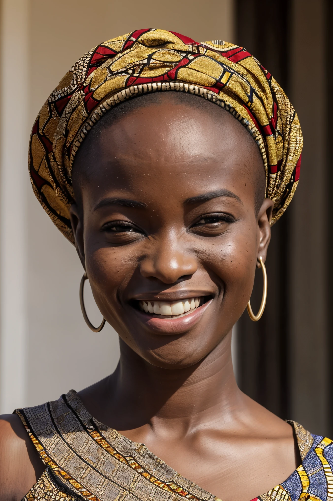 (((African gir)))l,no hair,film grain,(((Laughing))),very happy, photographed with a Sony a9 II Mirrorless Camera, analog style, beautiful, masterpiece, best quality, aamari, a woman with formal dress is looking at the camera, very dark skin, extremely detailed face, bust shot, perfect lighting,turned his face to the sky