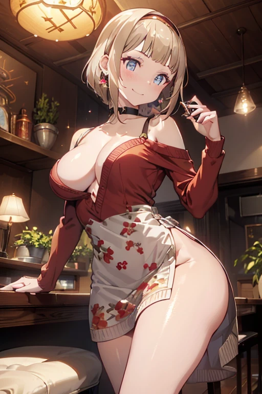 (((Masterpiece))),(((Super Detail))),(((in 8K))),(((best composition))),(((Rim lighting,Fireglow effect,deep shadow))),solo),Beautiful fingers,Detailed finger features,(Detailed hair features:1.7),(Dynamic and sexy bending pose:1.3),detailed facial features,detailed clothes features, (perky chest:1.1), (pointed chest:1.3), delicate beautiful face, Bright blue eyes, cute eyes, sparkling eyes, Big eyes, beautiful detailed eyes,double bun with glittering hair ornament:0.6,(super detailed glossy skin:1.3),slender body,goddess smile,((with sparkling eyes and a contagious smile)),beautiful posture,have a cup of coffee,black hair, red eyes, dress, bare shoulders, jewelry, collarbone, sidelocks, hairband, earrings, indoors, off shoulder, sweater, arms behind back, plant, short hair with long locks, white hairband, off-shoulder dress, sweater dress, off-shoulder sweater, red sweater, big side hair, very long side hair,(super delicate floral pattern:1.2),seductive cleavage:1.3,beautiful glossy legs,shiny red high heels,lifting dishes with cakesd,french restaurant,hustle and bustle,rising steam,(((depth of fields)))