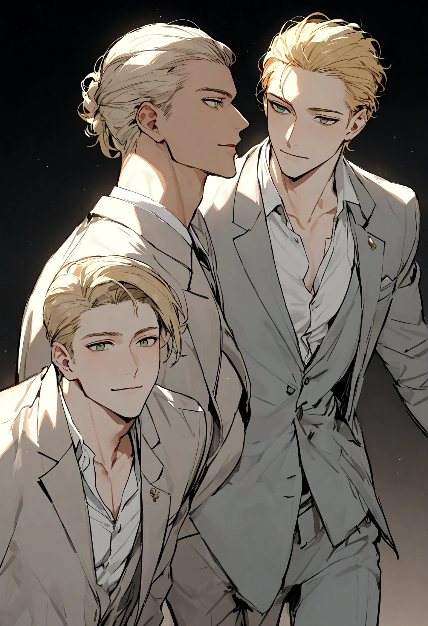 A man in a gray suit with a white shirt, Long blond hair slicked back, Shoulder-length blonde hair and green eyes, Attractive man, Handsome man, Handsome young man, Handsome and attractive, Blonde and attractive face, Attractive man, attractive young man, nice _ Hairstyle, Blond man, Slim man with lightly tanned skin, Tall young man,  8k