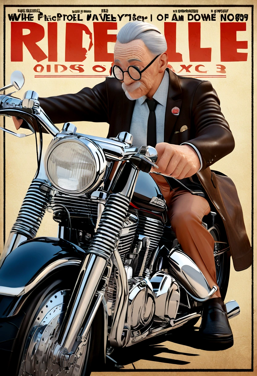 Disney Pixar style 3D poster of an old man wearing glasses, Ride a motorcycle on a Harley Davison 883
