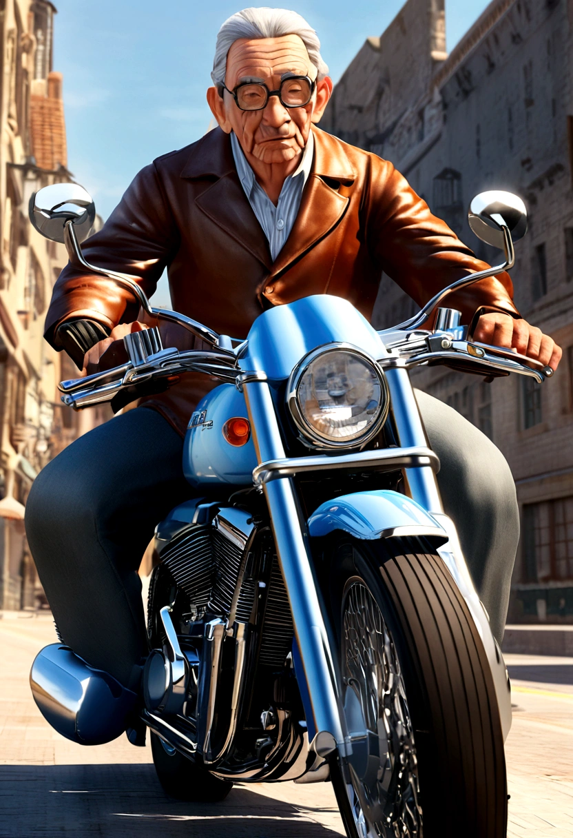 Disney Pixar style 3D poster of an old man wearing glasses,  Ride a motorcycle on a Harley Davison 883