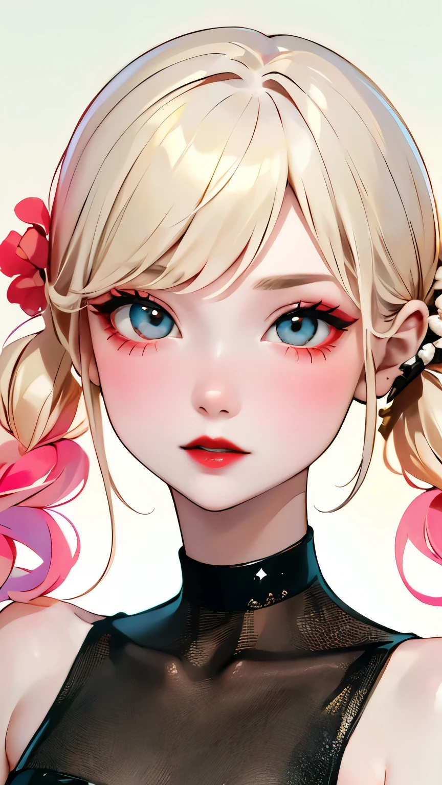 Long Shot、One Girl:1.5、Cute 、１４Year、Perfect Anatomy、Red eyeshadow、Red lipstick、Slightly pink cheeks、White skin、Ash Blonde、Black Dress、eight-headed body、small 、Unique hairstyles、choker、highest quality、Very detailed、High quality details、Portraiture、Masseter region