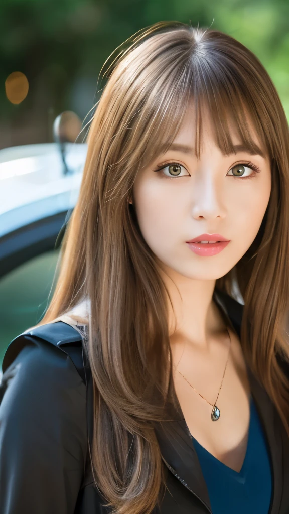 Best quality, 8k, ,Masterpiece :1.3)), facing viewer,((full body1.2)) ,pretty woman, wide shot ,1girl, , , ,car circuit , brown hair , bangs,ultra-detailed face, highly detailed lips, detailed eyes, double eyelid