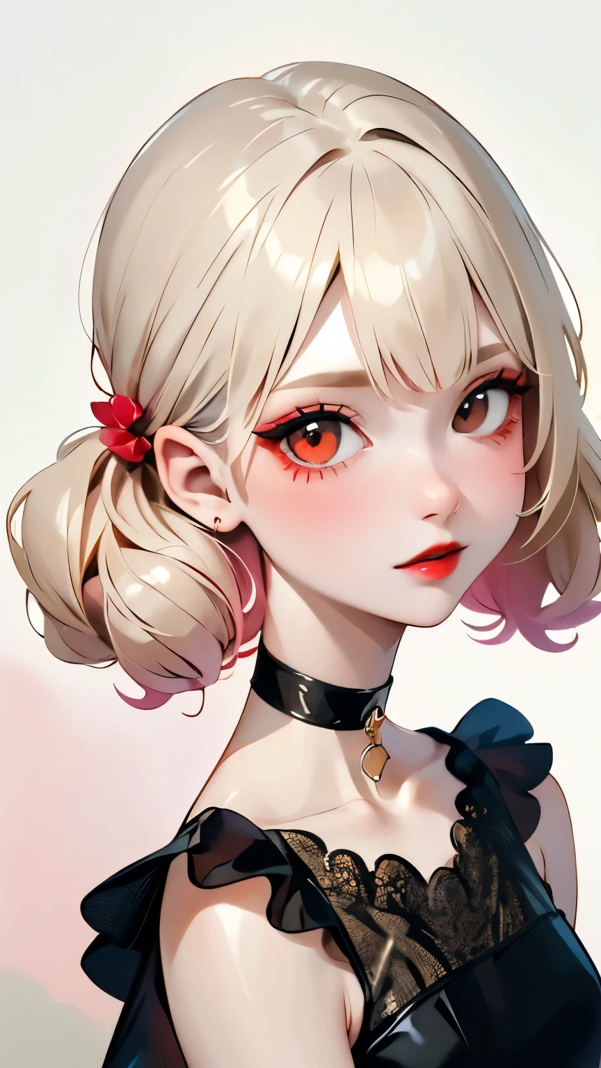 Long Shot、One Girl:1.5、Cute baby face、１４Year、Perfect Anatomy、Red eyeshadow、Red lipstick、Slightly pink cheeks、White skin、Ash Blonde、Black Dress、eight-headed body、small 、Unique hairstyles、choker、highest quality、Very detailed、High quality details、Portraiture、Masseter region