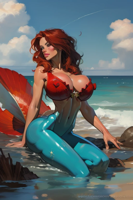 Nude Girl with wavy red hair and rebellious, ((hair slicked back)), Caucasian woman,ice blue eyes and tanned skin, round bare breasts, clam shell nipple pasty, green mermaid tail, (gigantic breasts), galleon and ocean background with clouds, realistic style.