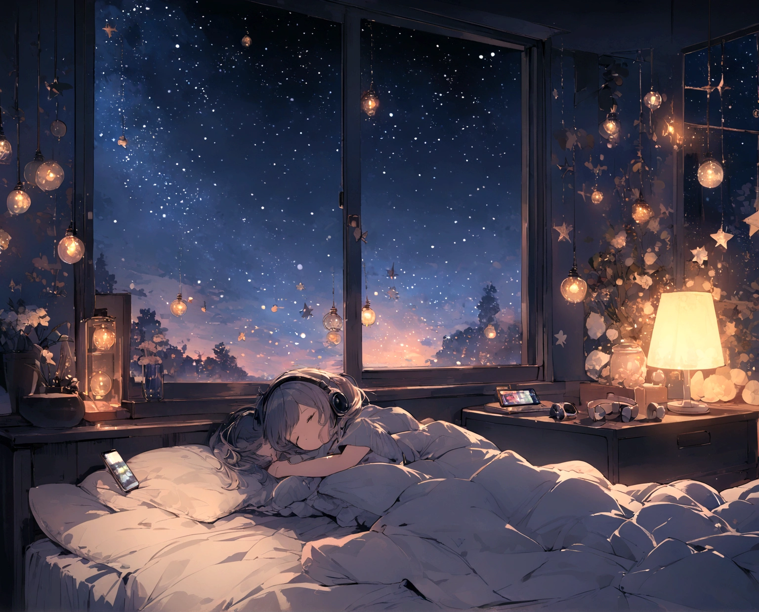 (Bedside window, Sleeping girl, Headphones, Smartphone in hand, Big night sky, Many Stars)