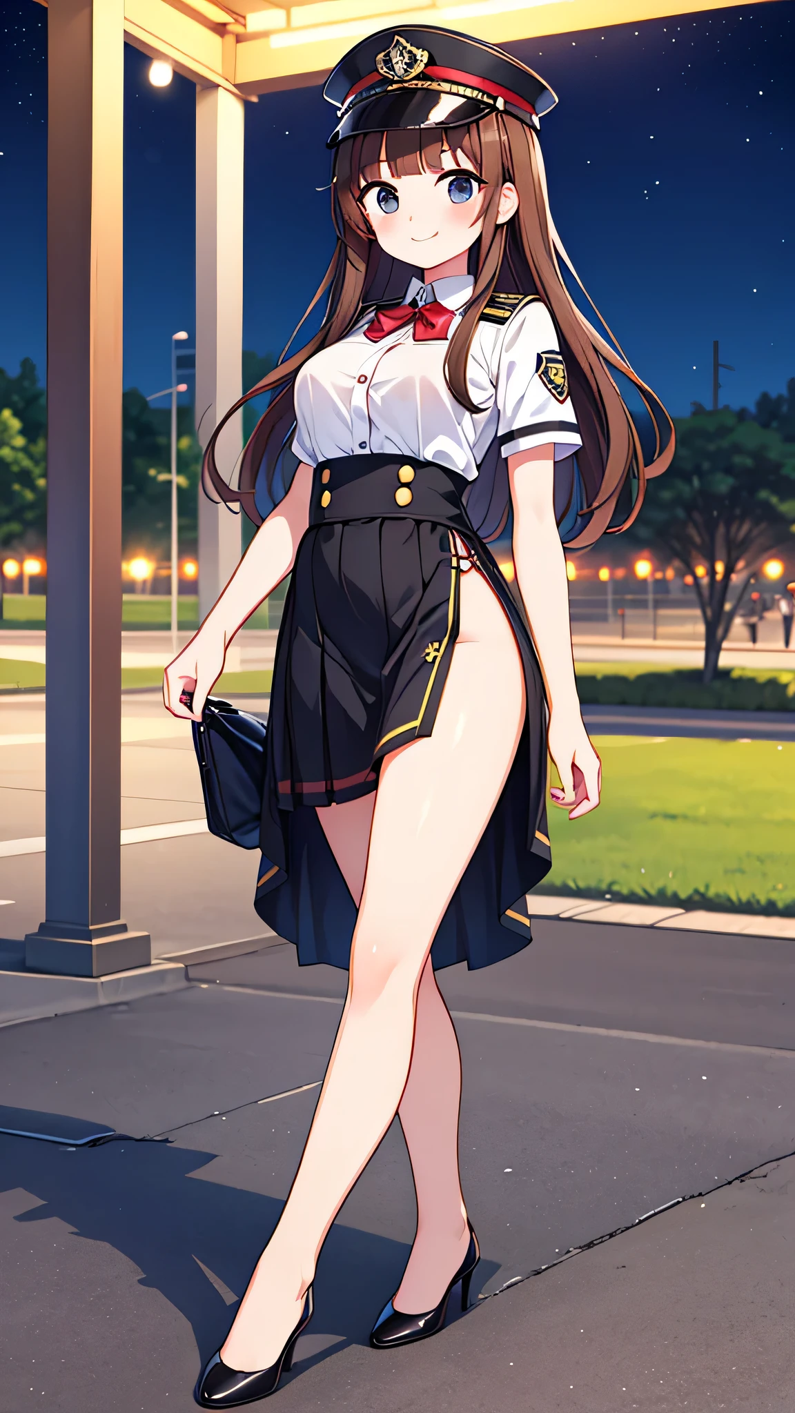 {highest quality], [Super beautiful], [Ultra fine], [Best illustration], NSFW,Brown Hair, Hime cut, Long Hair, With bangs, girl, Uniform cap,Security uniform, smile, blush, Slender women,Short sleeve,Long straight skirt, Adult women,walk,(Public）Night Park, diagonal,Bare feet and pumps, Plain black pumps