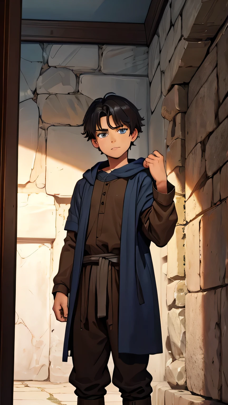 12 year old boy, blue eyes, dark gray hair, dressed in poor brown clothes from the 1st century AD. in an ancient dark Greek house from the 1st century AD, the walls are made of dark house stone
