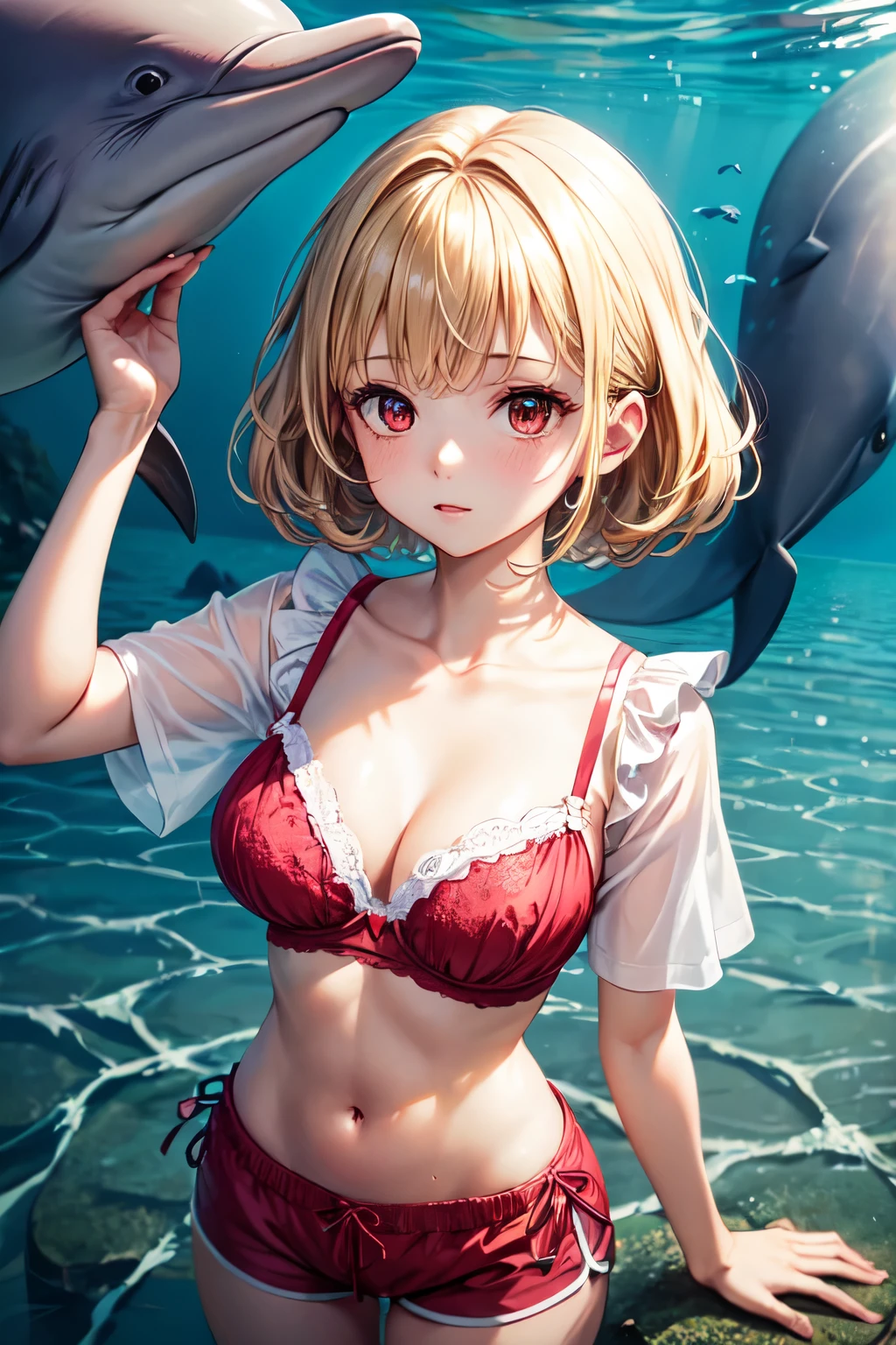 highest quality, masterpiece, Black Hair, Red eyes, look up, Upper Body, cute, Adult Girl, Mature Body, Sunken surface, Frilled shirt, Bra exposure, Blonde Hair, whole body, Dolphin Shorts