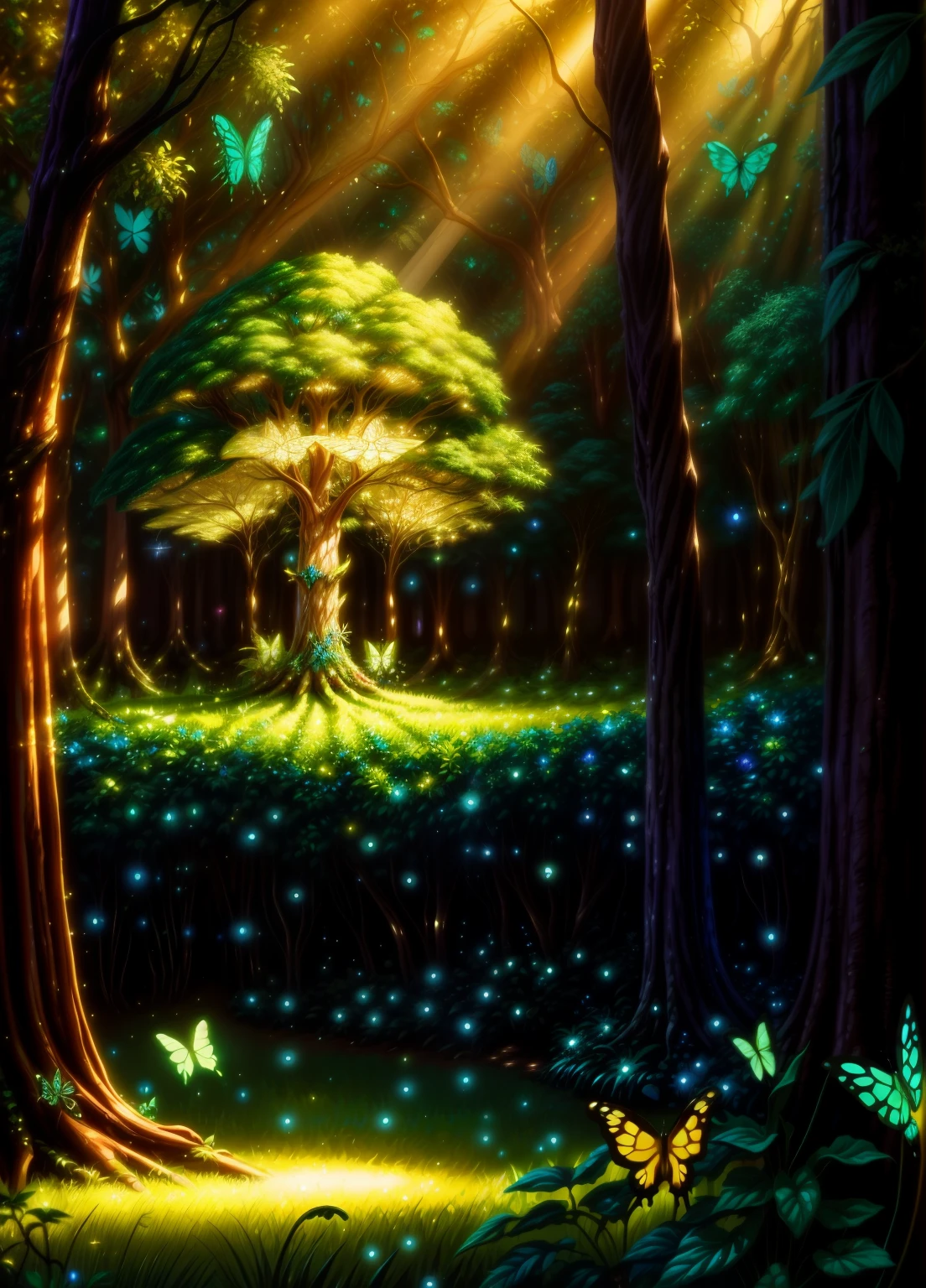 a whimsical enchanted forest, lush green foliage, mystical forest, ornate fantasy tree structures, iridescent butterflies, magical fairy lights, shimmering golden sunlight, soft bokeh, intricate details, oil painting, cinematic lighting, vibrant colors, concept art