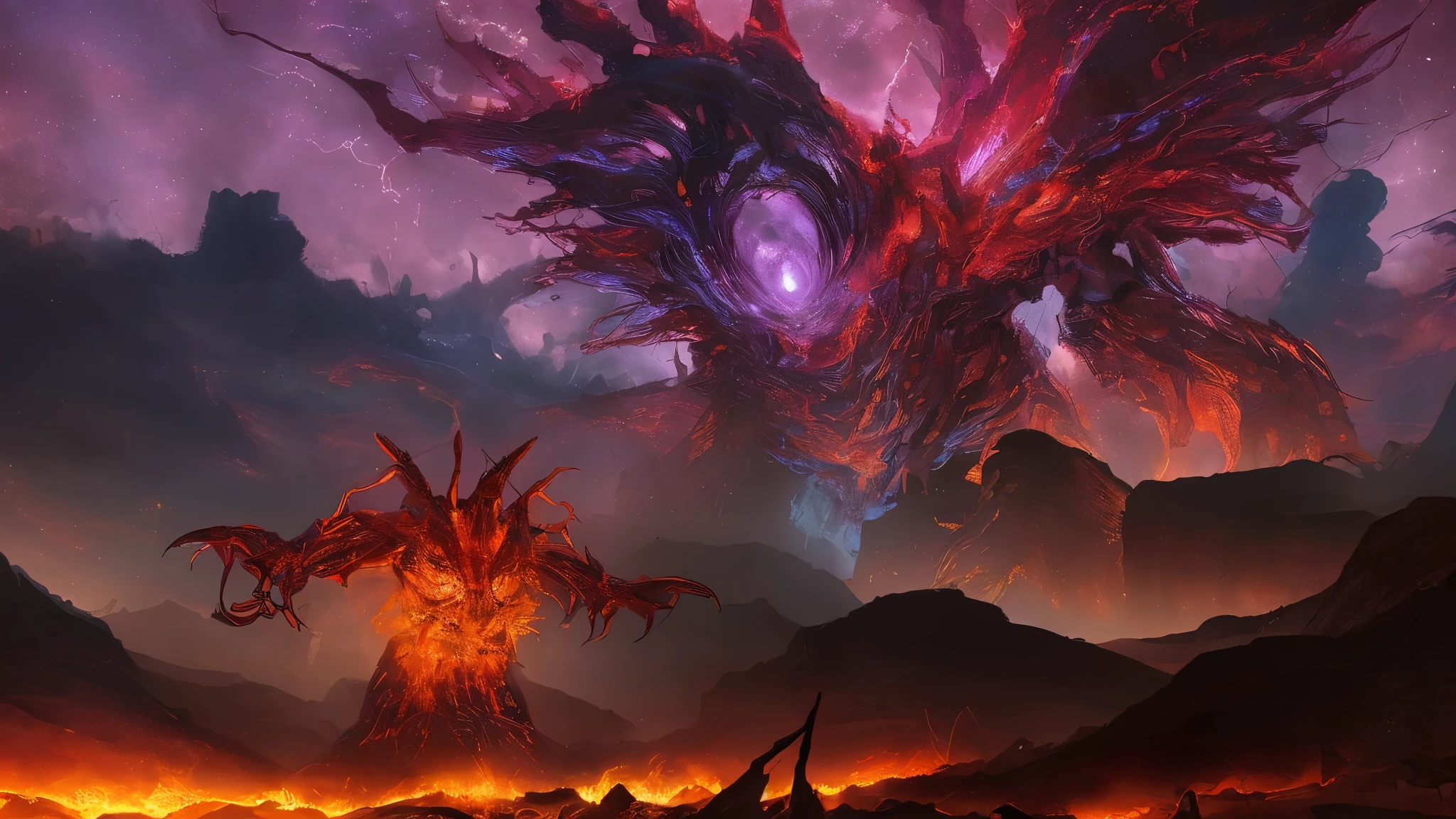 A vast, awe-inspiring space scene depicting an epic confrontation between a lone hero and a colossal, otherworldly boss or antagonist
The background should feature a dramatic, expansive cosmic landscape with swirling nebulae, distant stars, and celestial phenomena that convey a sense of scale and grandeur
The hero character should be small in comparison to the towering, imposing boss, emphasizing the overwhelming power and size of the enemy
The boss should have a striking, alien-like design with intricate details, glowing energy effects, and a menacing presence that radiates power and danger
Dynamic camera angles, dramatic lighting, and cinematic composition should be used to heighten the sense of tension and drama in the scene
Subtle environmental elements like debris, energy fields, or crumbling structures can add to the sense of a high-stakes, climactic battle
The overall tone should be one of wonder, awe, and high-stakes conflict, capturing the grandeur and spectacle of an epic space opera