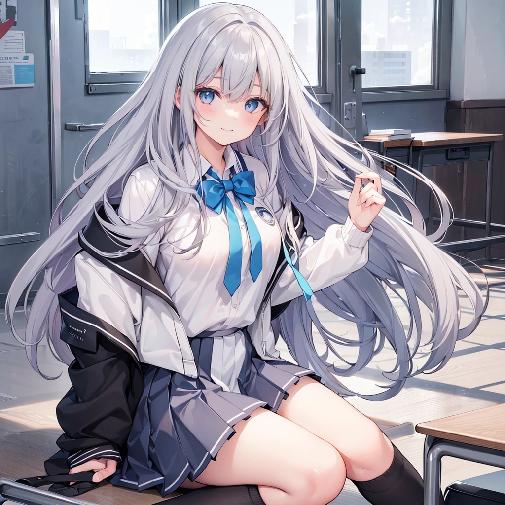 ((highest quality)(High resolution),high school student,A light smile,(Straight hair with gray hair),(Bright Blue Eyes),Black pleated skirt,(White knee-high socks),topless,classroom,