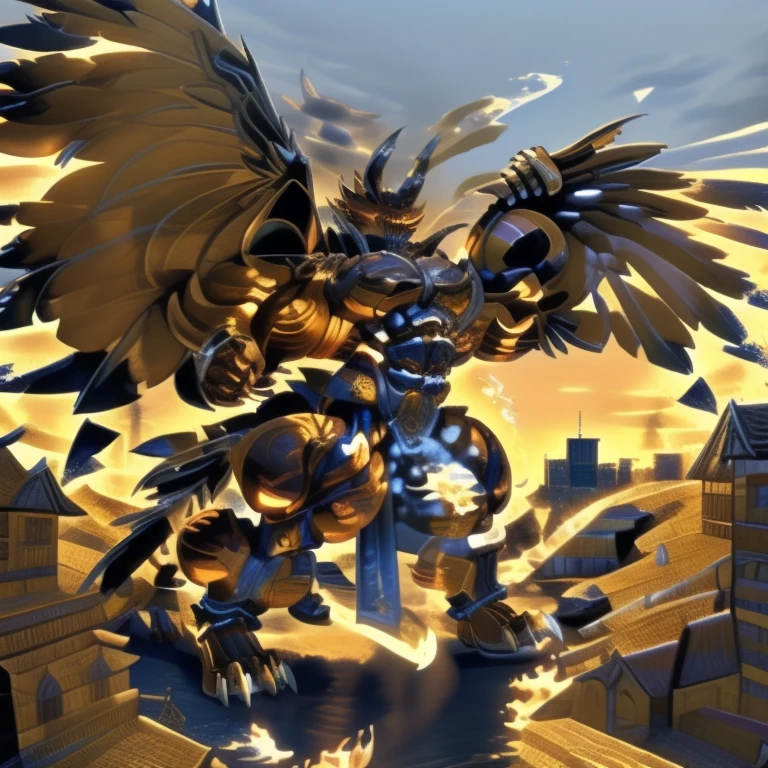 (masterpiece. official art. 8k. best quality. detailed full body. full body.)

(situation 1 : dominating GARO. GARO is over 1000 meters long. focus GIANT mechanical Muscular GARO is trampling the city. Looking down. macro. stomp. Low-angle perspective. emphasizing the immense size.)

(situation 2 :smoke and flames rising from the destruction in the city)


(Additional details 2: (Detailed head. Detailed Body. Detailed abs. gigantic muscles. HYPER MUSCLES. Gigachad Muscular. big muscle. pecs. triceps. traps. unusually developed muscular body. body full of huge muscles. showing off muscles. pectorales enormes. Exaggeratedly huge muscles. huge muscles. long legs.).

(Additional details 3: Spread wings. It has Golden wings. have big wings. The claws are sharp. Sharp teeth.5 toes.).


(Additional details 5: wearing a full-face helmet. a fantasy-style biomecha armored combat suit. composite layered chest armor, fully enclosed shoulder guards, hero in anime style, perfect body proportions, golden ratio)

