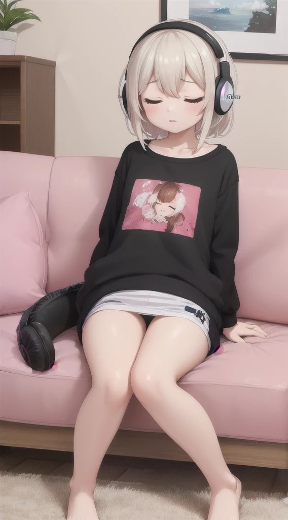 1 girl, listen to music, close your eyes, indoors, sofa, headphones、detailed description