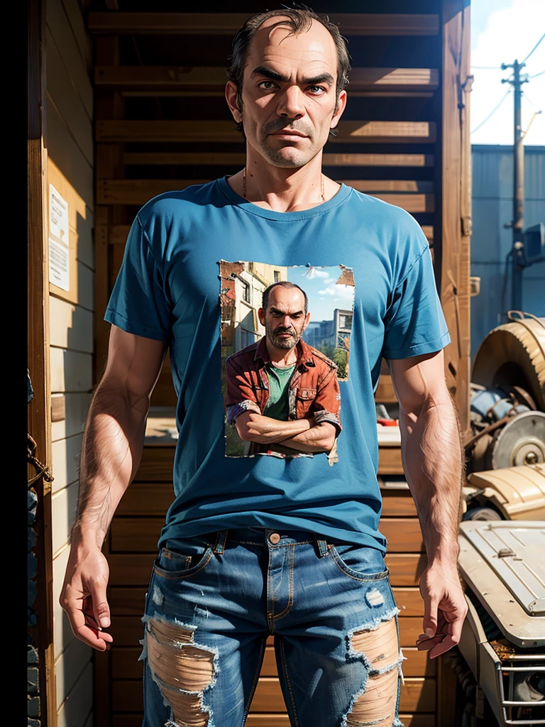 (best quality, masterpiece, highest detailed), (photorealistic:1.2), (detailed light:1.2), (Realistic skin texture:1.4), raw photo, GTA style, portrait, Trevor Philips, crazy,  T-shirt, torn jeans,  (dirty clothes:1.3), among the barracks, depth of field, bokeh