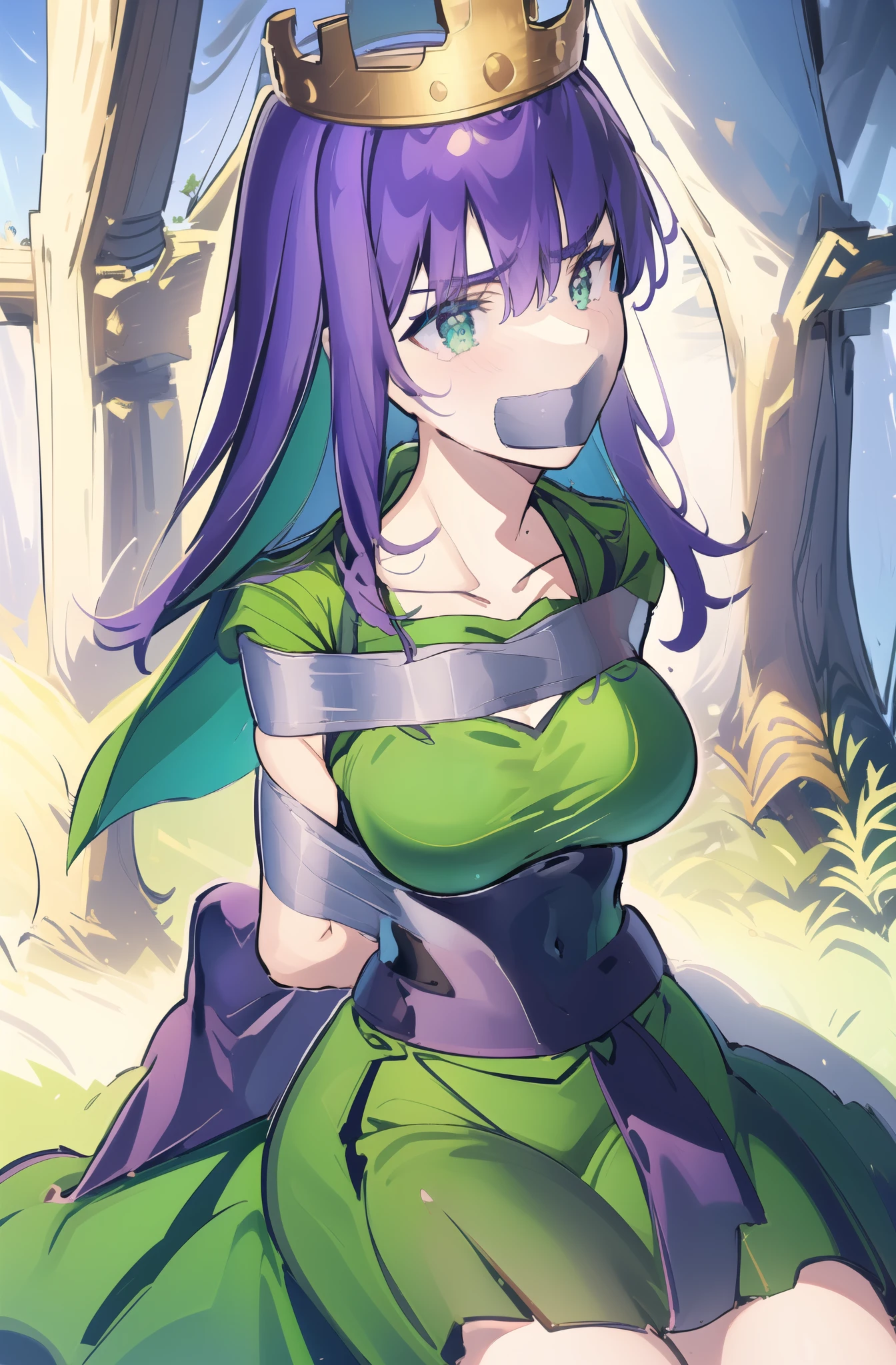 1girl, archer queen, green outfit, purple waist sash, highly detailed,
forest, field
Pencil green skirt,thigh, gigantic breast ,Master piece, (best quality), perfect eyes, bound, bondage, (arms behind back:1.4), bdsm, tape gag, tape, tape bondage, close-up, restrained, standing ,best anatomy, upper body, thigh