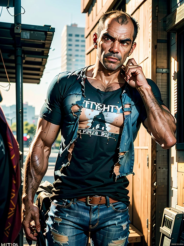 (best quality, masterpiece, highest detailed), (photorealistic:1.2), (detailed light:1.2), (Realistic skin texture:1.4), raw photo, GTA style, portrait, Trevor Philips, crazy, T-shirt, torn jeans, (dirty clothes:1.3), among the barracks, depth of field, bokeh