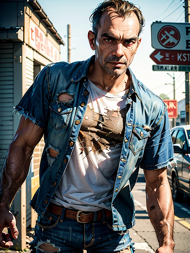 (best quality, masterpiece, highest detailed), (photorealistic:1.2), (detailed light:1.2), (Realistic skin texture:1.4), raw photo, GTA style, portrait, Trevor Philips, crazy, T-shirt, torn jeans, (dirty clothes:1.3), among the barracks, depth of field, bokeh