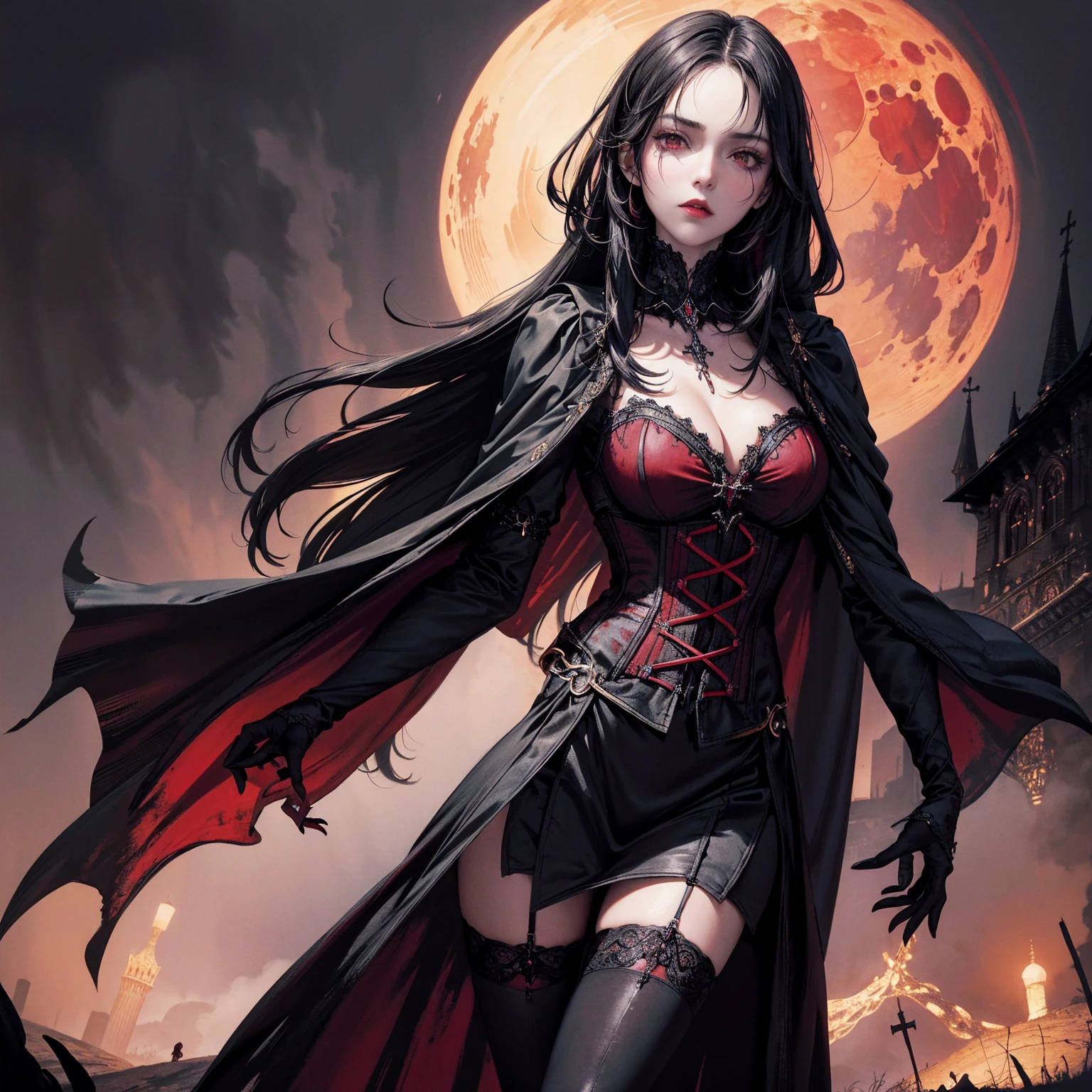 best quality, 4k, high resolution, masterpiece:1.2, Very detailed, actual:1.37, Mood lighting, Girl in a vampire cloak, Wearing a Gothic corset that shows a little skin above the chest, Dangerous sneer, Black Hair, Standing, Face facing the camera, Crucified, Pitch black sky, Blood-red moon, strange atmosphere, Gothic style, Unforgettable beauty, Dramatic shadows, Ethereal Light, Mysterious atmosphere.