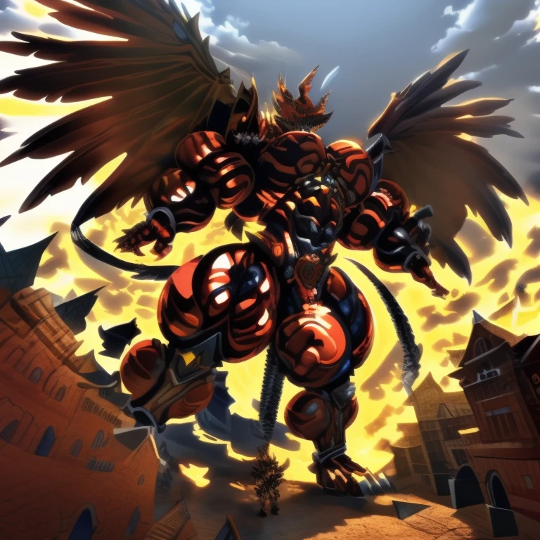 (masterpiece. official art. 8k. best quality. detailed full body. full body.)
(situation 1 : dominating GARO. GARO is over 1000 meters long. focus GIANT mechanical Muscular GARO is trampling the city. Looking down. macro. stomp. Low-angle perspective. emphasizing the immense size.)
(situation 2 :smoke and flames rising from the destruction in the city)
(Additional details 2: (Detailed head. Detailed Body. Detailed abs. gigantic muscles. HYPER MUSCLES. Gigachad Muscular. big muscle. pecs. triceps. traps. unusually developed muscular body. body full of huge muscles. showing off muscles. pectorales enormes. Exaggeratedly huge muscles. huge muscles. long legs.).
(Additional details 3: Spread wings. It has Golden wings. have big wings. The claws are sharp. Sharp teeth.5 toes.).
(Additional details 5: wearing a full-face helmet. a fantasy-style biomecha armored combat suit. composite layered chest armor, fully enclosed shoulder guards, hero in anime style, perfect body proportions, golden ratio)