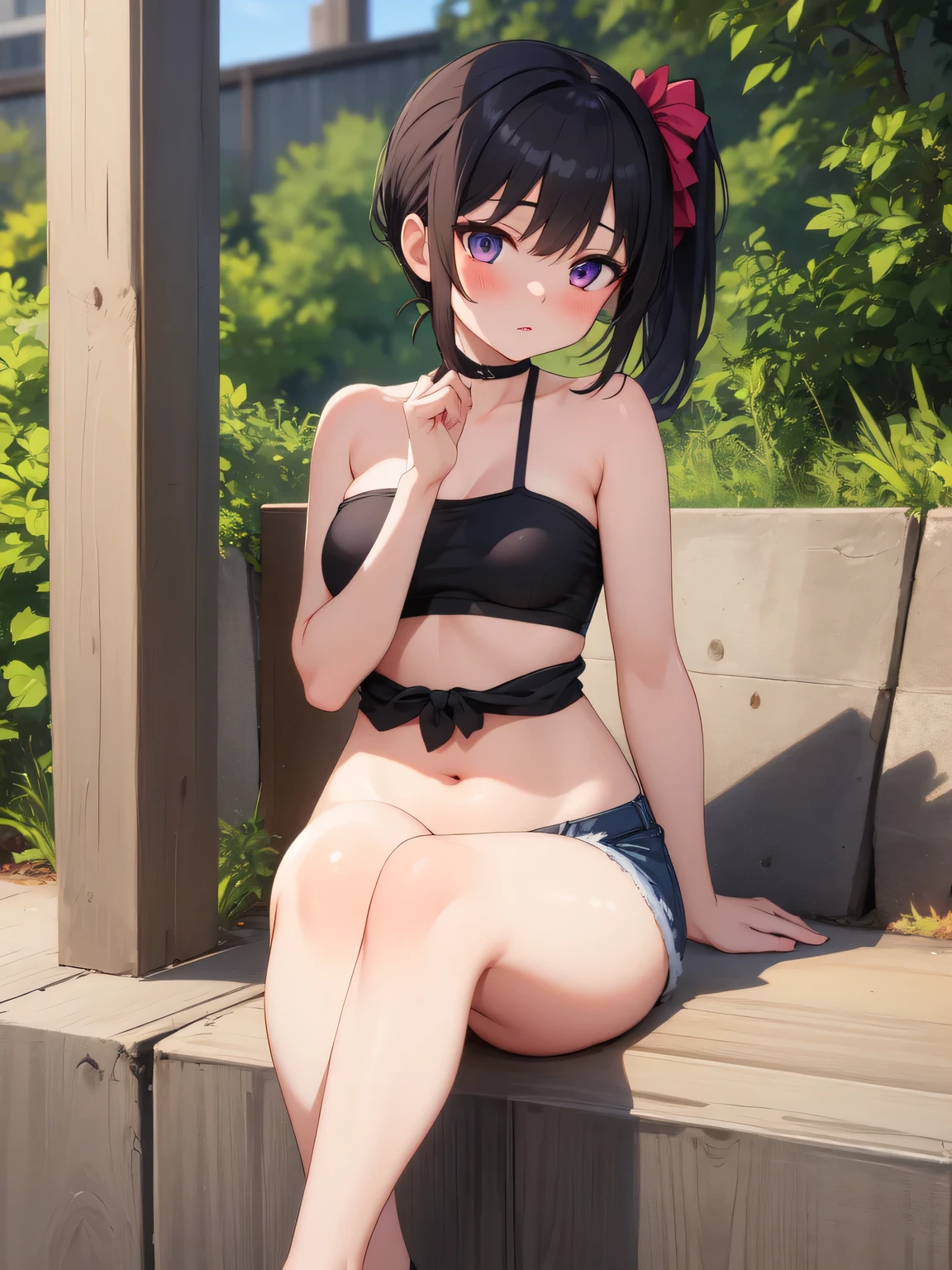 masterpiece, best quality, ultra detailed, 1 girl, short shorts, tube top, side ponytail, nsfw,