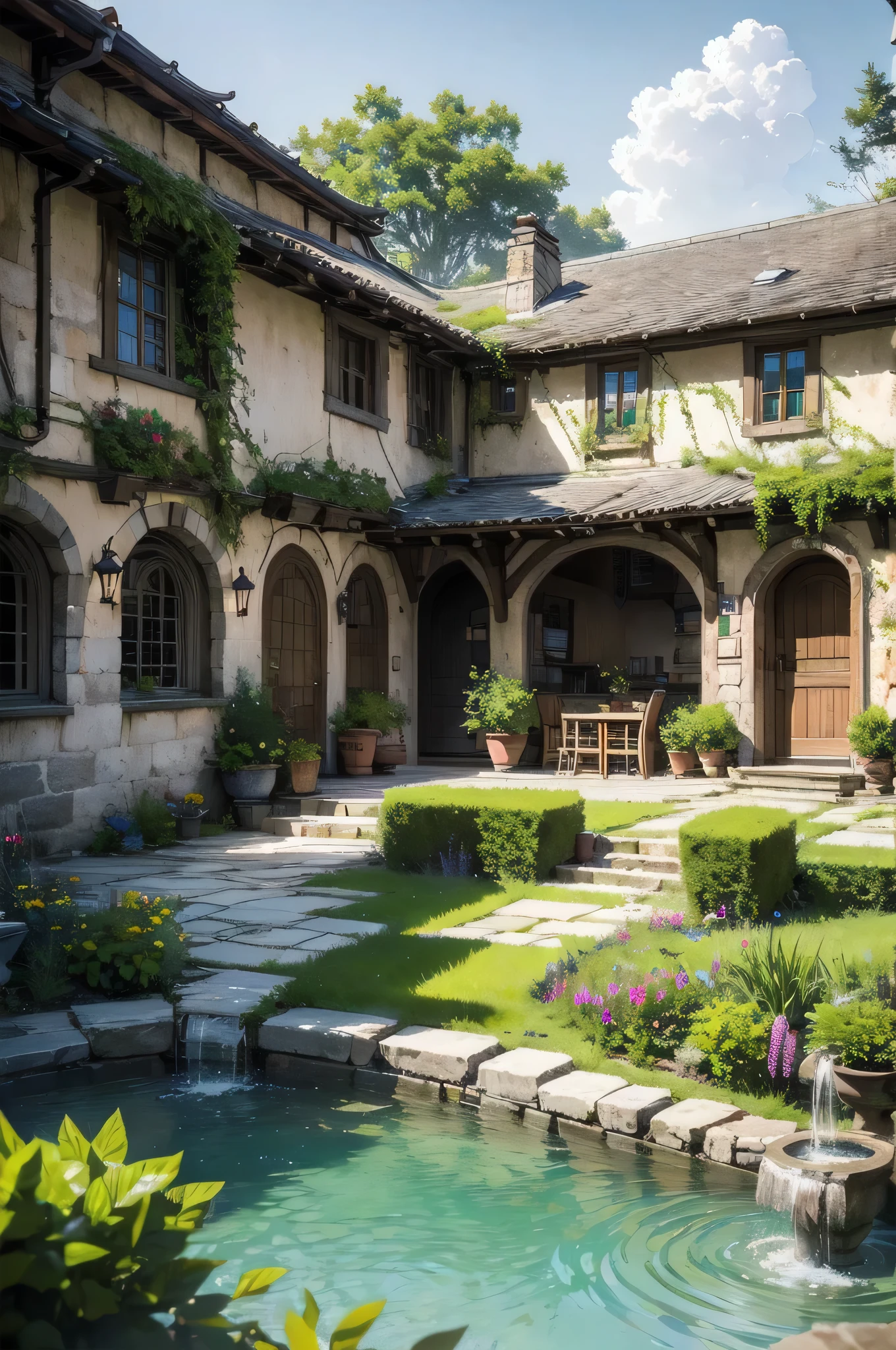 The gravity-defying streets of another world. Houses are built in the air, and buildings are erected on tiny foundations that could never be supported. Beautiful medieval European-style gardens with fountains spewing water in patterns. The woman stands there stunned, lost in another world.(It is so realistic that the viewer mistakes it for a photograph with a very detailed description),(Situations that cannot happen in real life)、ultra-detailliert、Aesthetic、masterpiece、top-quality、Photorealsitic、Looks fantastic、Dramatic shadows、Clear and clear scenery from a distance