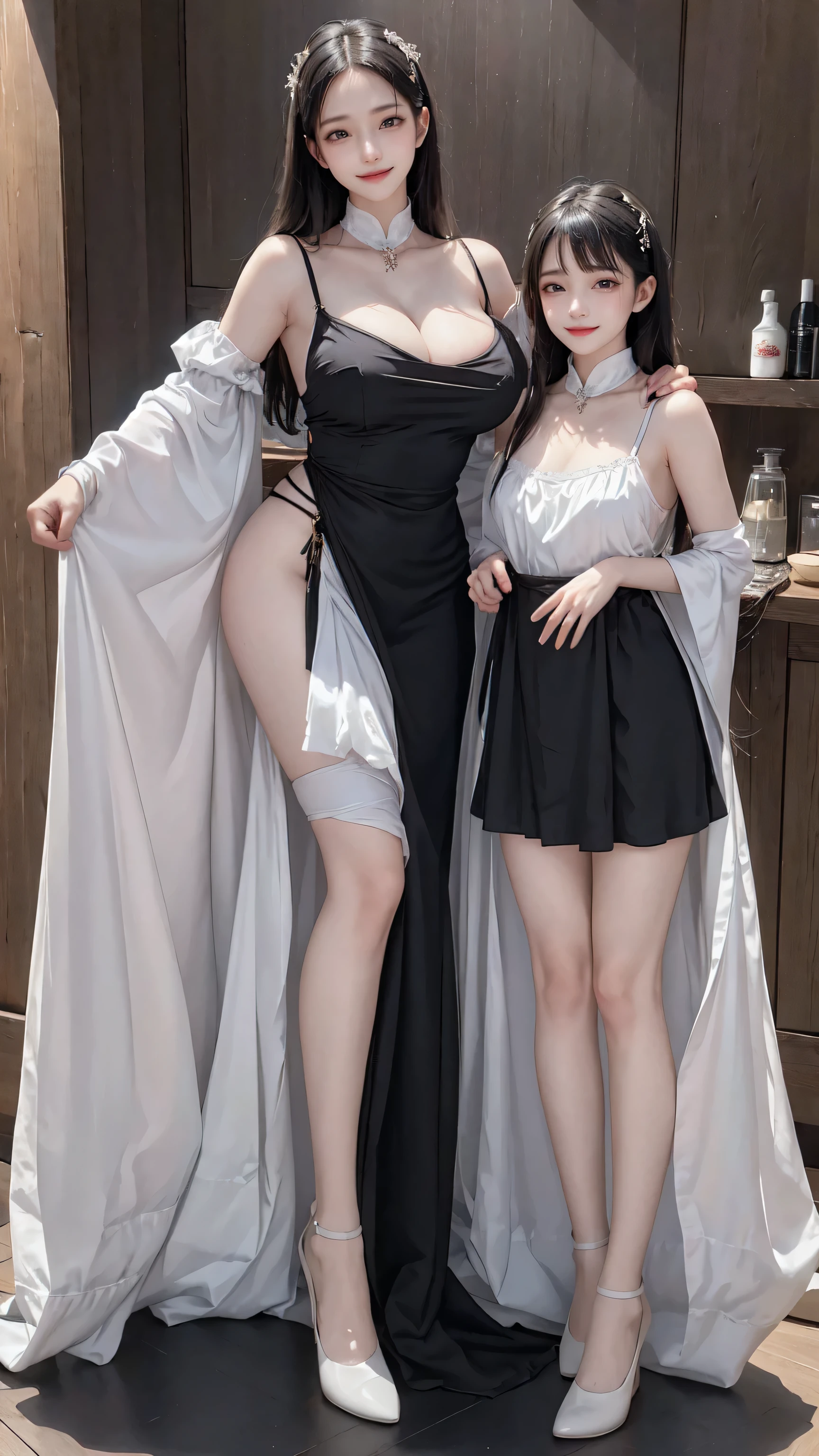 see through clothes(Full body female love:1.3)，best quality, masterpiece, ultra high resolution, (lifelike:1.4), original photo, 1 female,35 years old， black hair, big eyes, Detailed eyes and face,huge breasts，split，long legs，Belted robe open ，bare shoulder，no underwear:1.5,see through clothes，Hollow material white clothes，kitchen:1.3，Smile、sleeveless costume、((Maid clothes))、((She is carrying her daughter))、Extremely revealing clothing