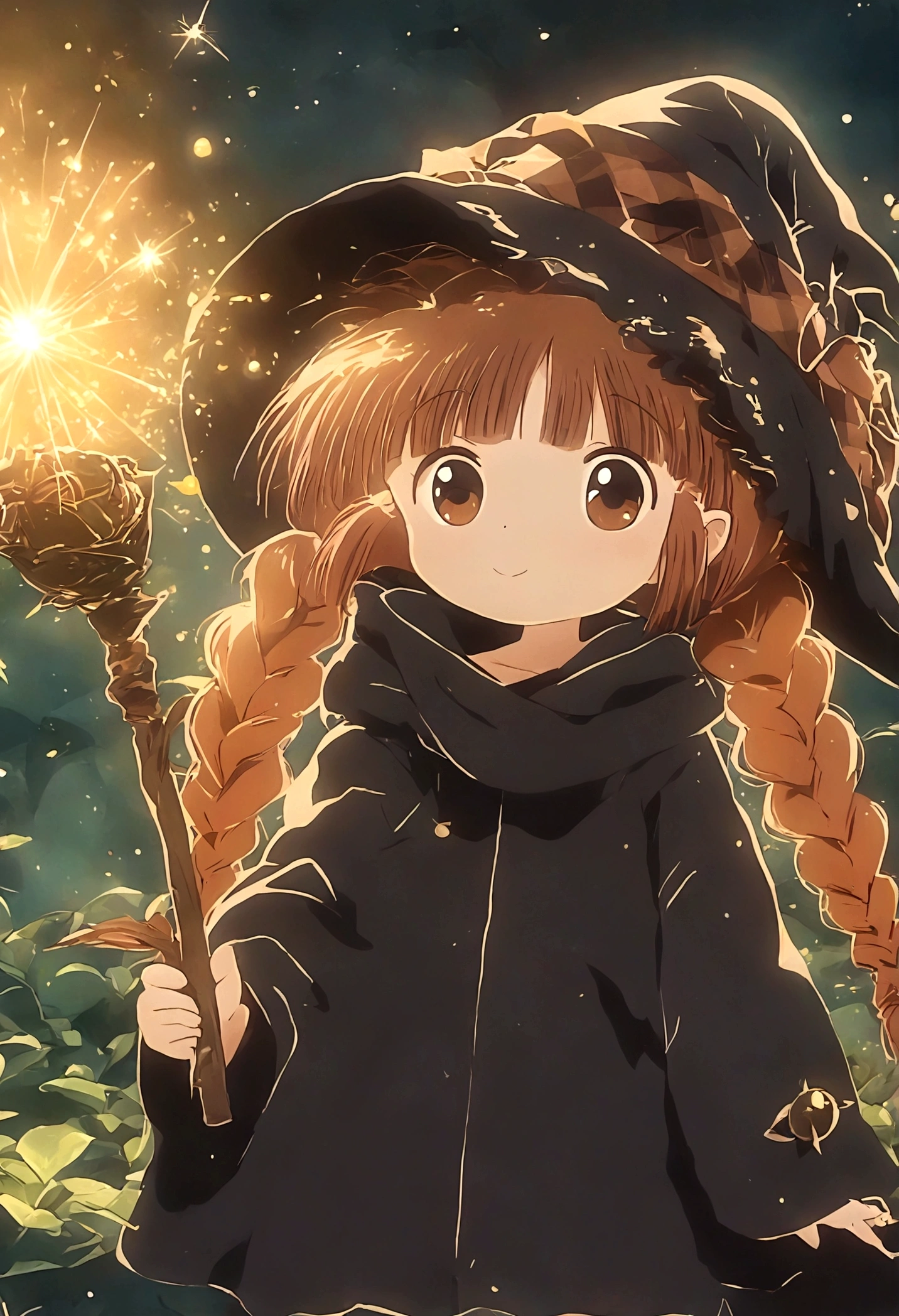 Brown double braids、, Cute anime style Hagrid, a young witch, Anime cute art style, Marisa Kirisame, Witch Girl, Anime Characters, as an Anime Characters, Possess magical powers, young wizard, A different world, Holding a magic wand（8K）（HD）（（best quality））， （（Intricate details））， （（Surrealism））