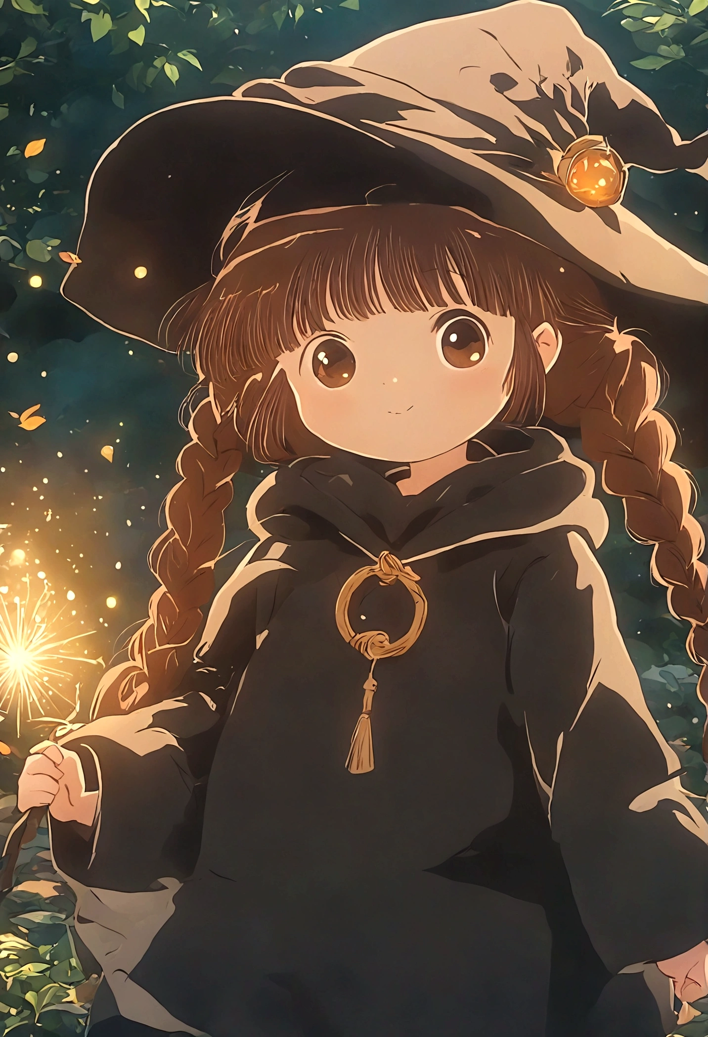 Brown double braids、, Cute anime style Hagrid, a young witch, Anime cute art style, Marisa Kirisame, Witch Girl, Anime Characters, as an Anime Characters, Possess magical powers, young wizard, A different world, Holding a magic wand（8K）（HD）（（best quality））， （（Intricate details））， （（Surrealism））