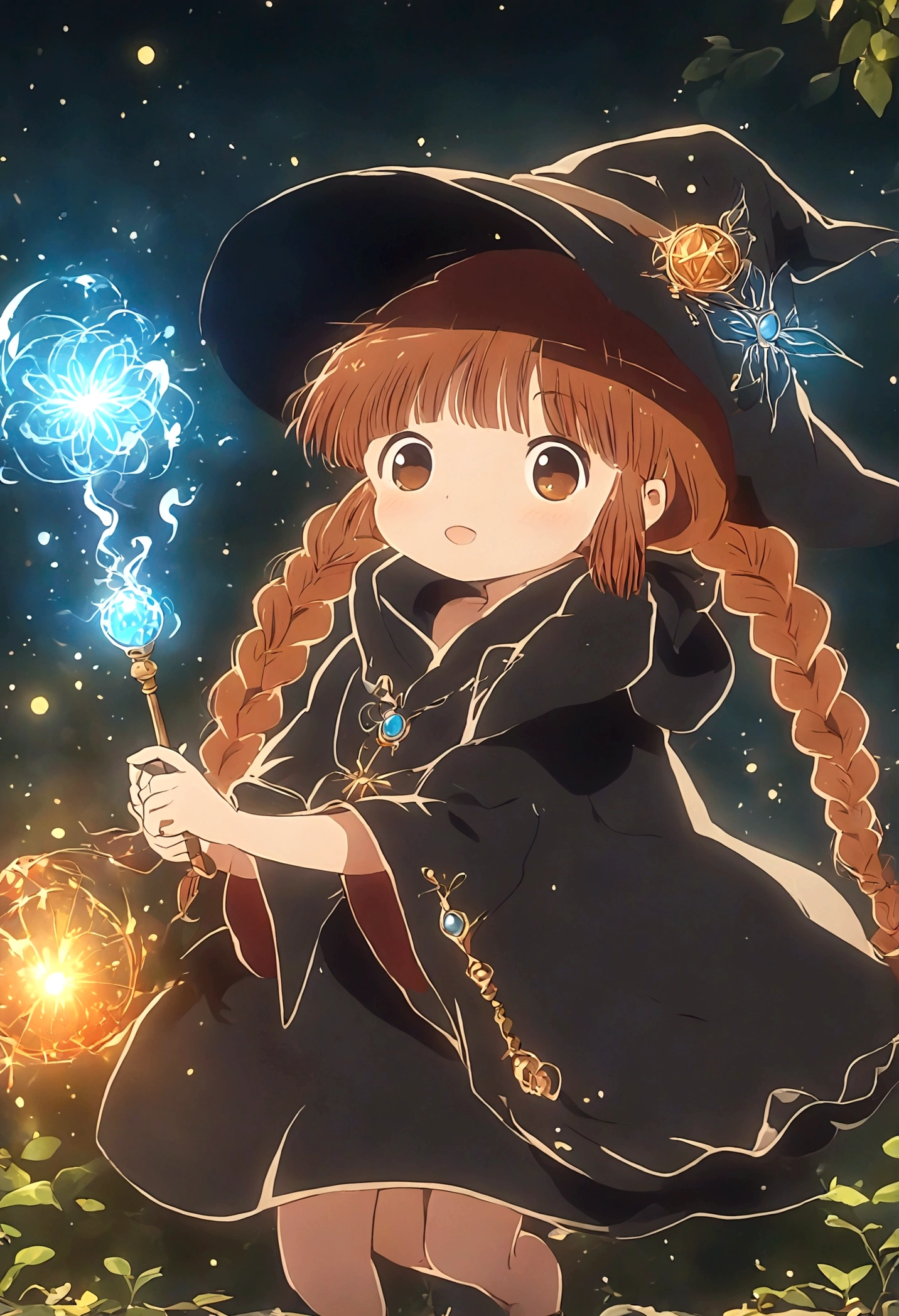 Brown double braids、, Cute anime style Hagrid, a young witch, Anime cute art style, Marisa Kirisame, Witch Girl, Anime Characters, as an Anime Characters, Possess magical powers, young wizard, A different world, Holding a magic wand（8K）（HD）（（best quality））， （（Intricate details））， （（Surrealism））