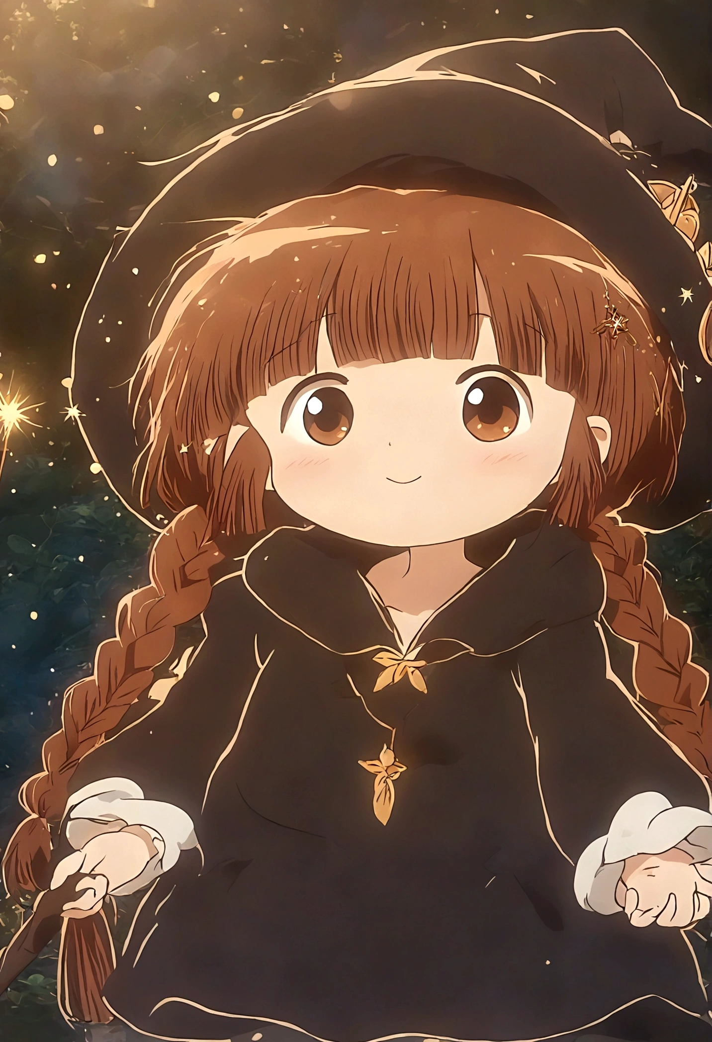 Brown double braids、, Cute anime style Hagrid, a young witch, Anime cute art style, Marisa Kirisame, Witch Girl, Anime Characters, as an Anime Characters, Possess magical powers, young wizard, A different world, Holding a magic wand（8K）（HD）（（best quality））， （（Intricate details））， （（Surrealism））