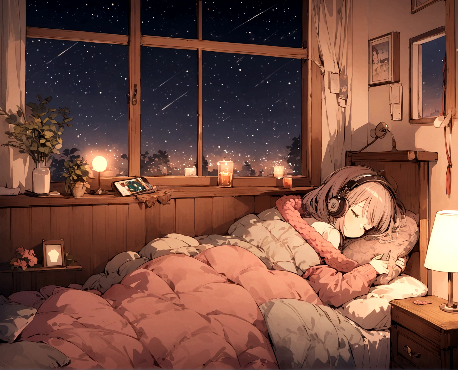 (Bedside window, Sleeping girl, Headphones, Smartphone in hand, Big night sky, Many Stars)