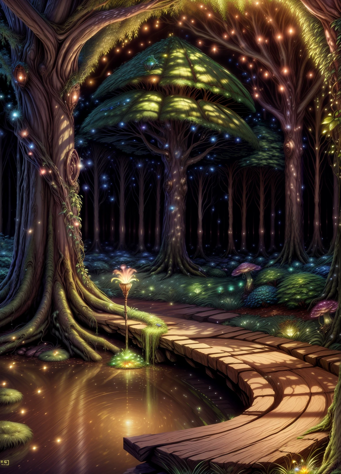 a whimsical enchanted forest, lush green foliage, mystical forest, ornate fantasy tree structures, magical woodland scenery, colorful fantasy mushrooms, glowing fireflies, beautiful detailed fairies, intricate vines and leaves, cinematic lighting, vibrant colors, surreal atmosphere, (best quality,4k,8k,highres,masterpiece:1.2),ultra-detailed,(realistic,photorealistic,photo-realistic:1.37),fantasy landscape,digital art