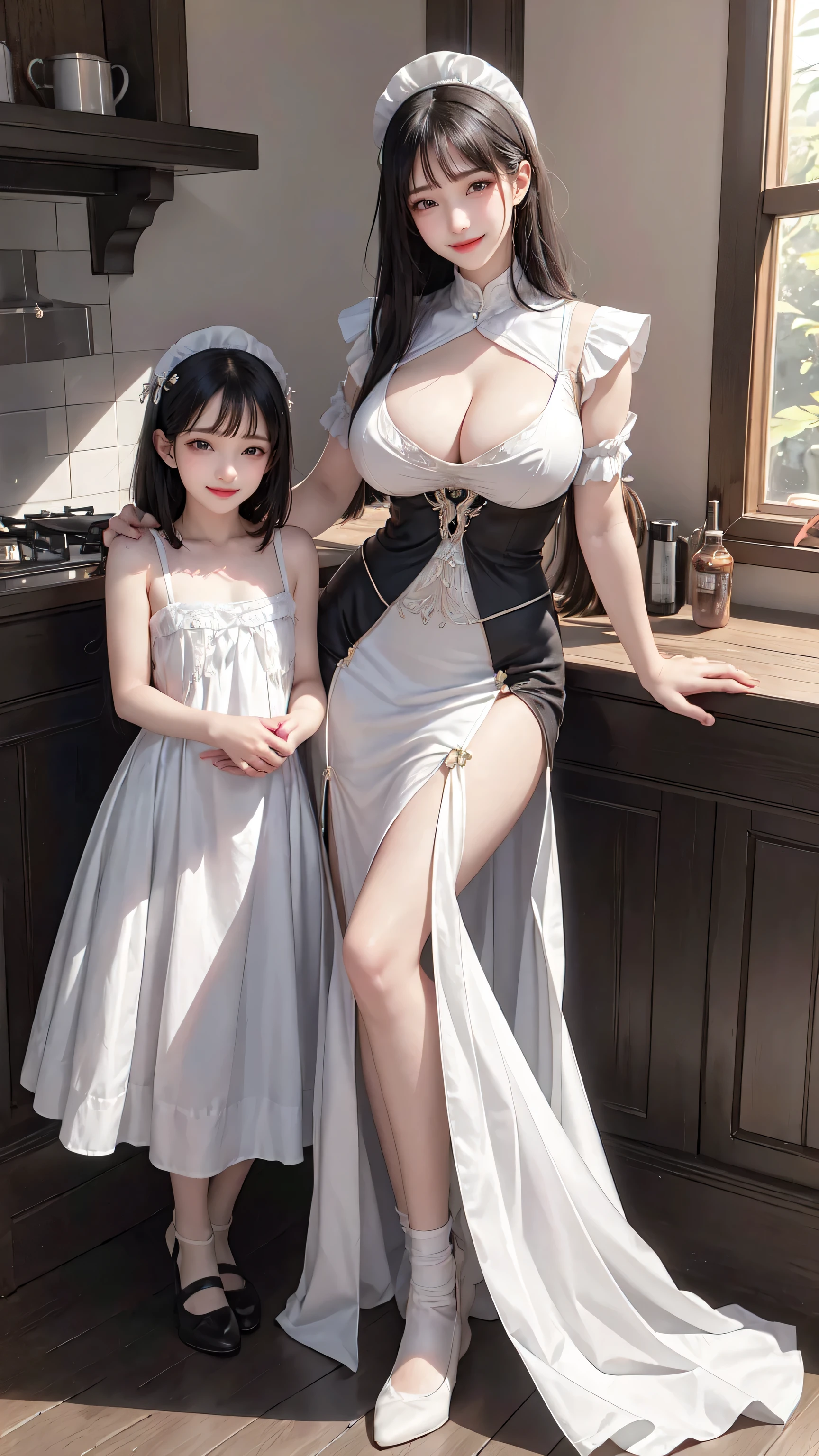 see through clothes(Full body female love:1.3),best quality, masterpiece, ultra high resolution, (lifelike:1.4), original photo, 1 female,35 years old, black hair, big eyes, Detailed eyes and face,huge breasts,split,long legs,Belted robe open ,bare shoulder,no underwear:1.5,see through clothes,Hollow material white clothes,kitchen:1.3,Smile、sleeveless costume、((Maid clothes))、((She is carrying her daughter))、Extremely revealing clothing