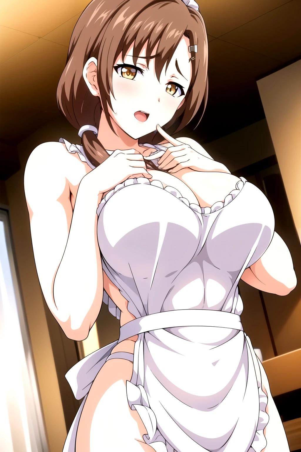 naked apron, Intact hands, naked apron,1 girl,20 years old, ,large Chest, Young women,Fair Finger,Fair long legs,Fair Body,Fair Nose,Fair character design, Perfect eyes, perfect Face,expressive eyes, looking at the audience,(lead_Body),(Focus on her Face), Official Art,Extremely detailed CG unity 8k wallpaper, Perfect Lighting,rich and colorful, bright_front_Face_Light,發Light的皮膚, (masterpiece:1.0),(the best_quality:1.0), Ultra-high resolution,4k,Super detailed, photography, 8K, HDR, high resolution, absurd:1.2, Kodak Portrait 400, Film Grain, Blurred background, Bokeh:1.2, 鏡頭Light暈, (Energetic_color:1.2) (Fair,Target_Chest:1.3), (Fair_Face:1.5),(narrow_waist)