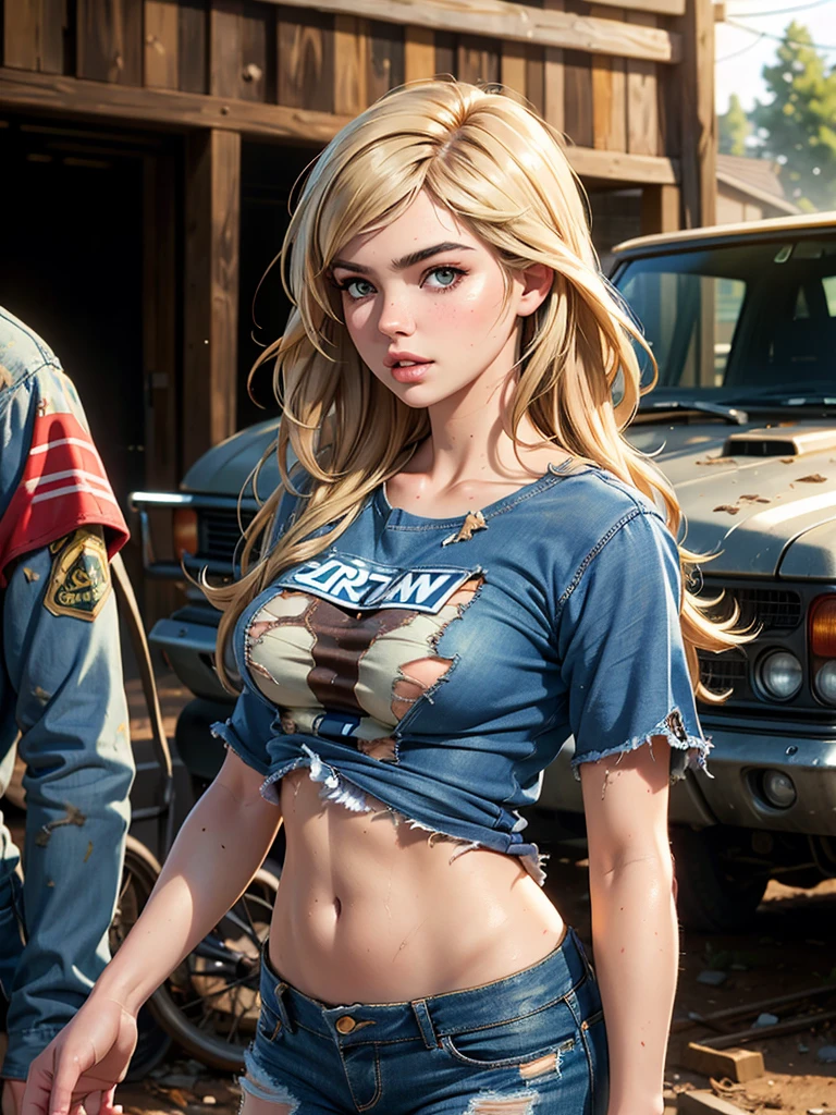 (best quality, masterpiece, highest detailed), (photorealistic:1.2), (detailed light:1.2), (Realistic skin texture:1.4), raw photo, GTA style, portrait, Kate Upton, T-shirt, torn jeans, (dirty clothes:1.3), among the barracks, depth of field, bokeh
