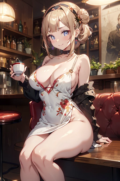 (((Masterpiece))),(((Super Detail))),(((in 8K))),(((best composition))),(((Rim lighting,Fireglow effect,deep shadow))),solo),Beautiful fingers,Detailed finger features,(Detailed hair features:1.7),(Dynamic and sexy bending pose:1.3),detailed facial features,detailed clothes features, (perky chest:1.1), (pointed chest:1.3), delicate beautiful face, Bright blue eyes, cute eyes, sparkling eyes, Big eyes, beautiful detailed eyes,double bun with glittering hair ornament:0.6,(super detailed glossy skin:1.3),slender body,goddess smile,((with sparkling eyes and a contagious smile)),beautiful posture,have a cup of coffee,black hair, red eyes, dress, bare shoulders, jewelry, collarbone, sidelocks, hairband, earrings, indoors, off shoulder, sweater, arms behind back, plant, short hair with long locks, white hairband, off-shoulder dress, sweater dress, off-shoulder sweater, red sweater, big side hair, very long side hair,(super delicate floral pattern:1.2),seductive cleavage:1.3,beautiful glossy legs,shiny red high heels,lifting dishes with cakesd,french restaurant,hustle and bustle,rising steam,(((depth of fields)))