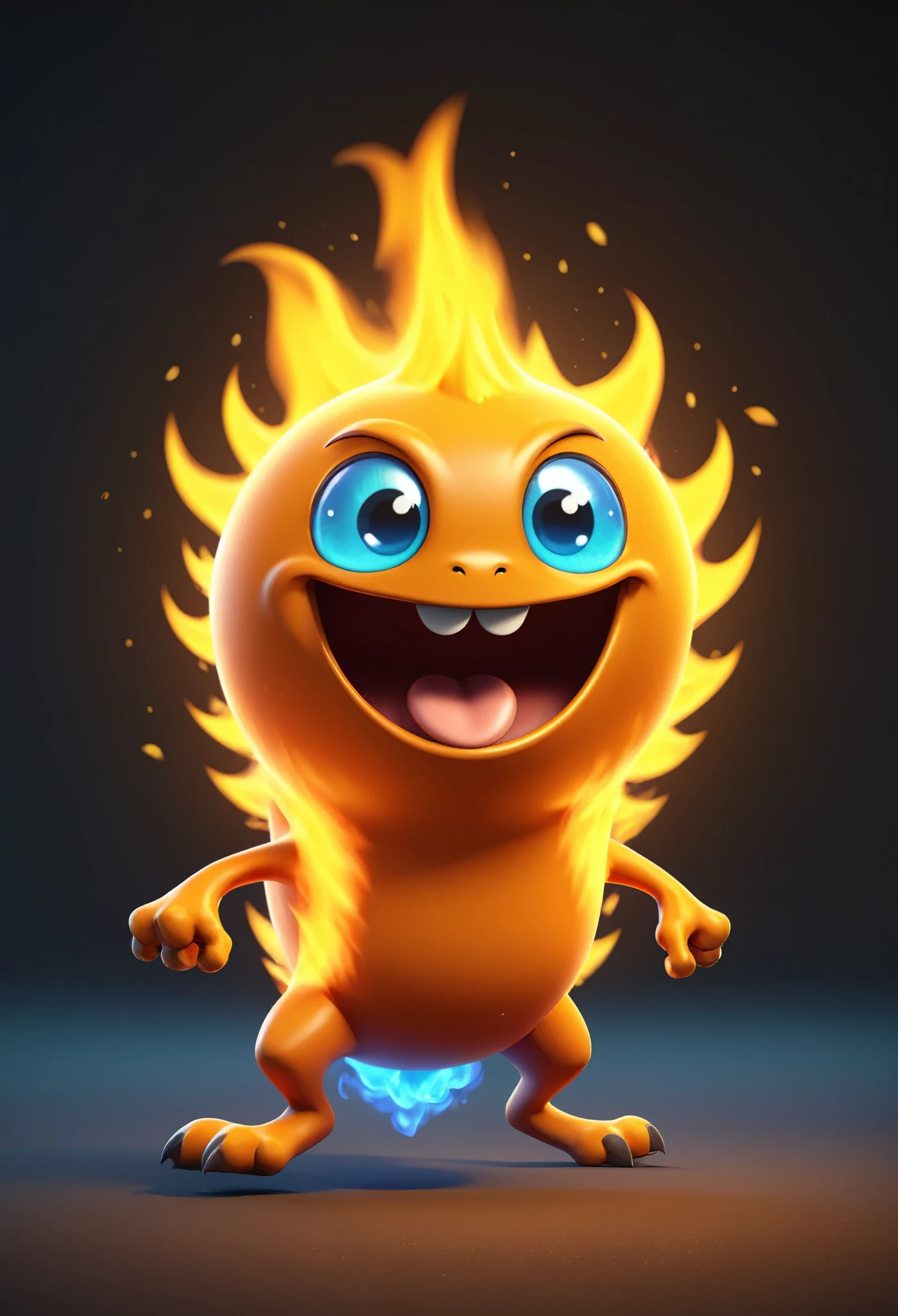 A cartoon fireball with a face with eyes and a mouth and legs, running, Pokémon style fire monster, cute 3 d render, character is covered in fire, rendered in cinema 4 d octane, blender art, cinema 4d colorful render, highly detailed photo of happy, rendered in cinema4d, rendered in cinema 4 d, colorful octane render, 3 d illustration, 3d illustration, stylized as a 3d render . Vibrant, cute, anime, fantasy, reminiscent of Pokémon series