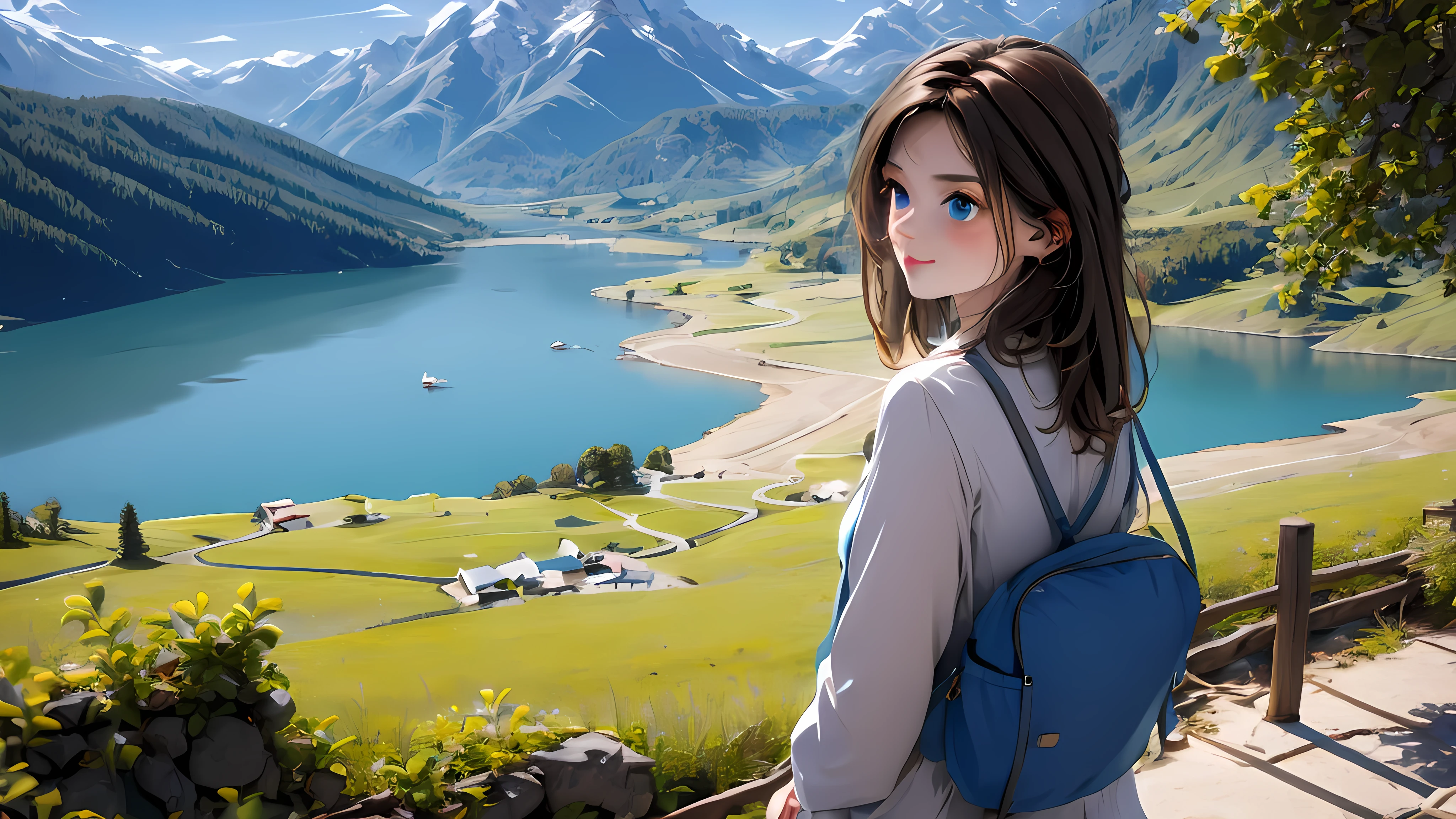 1 girl, medium light brown hair, light blue eyes, wearing Travel outfit, city , absurdres, high res, ultrasharp, 8K, masterpiece, looking from behind