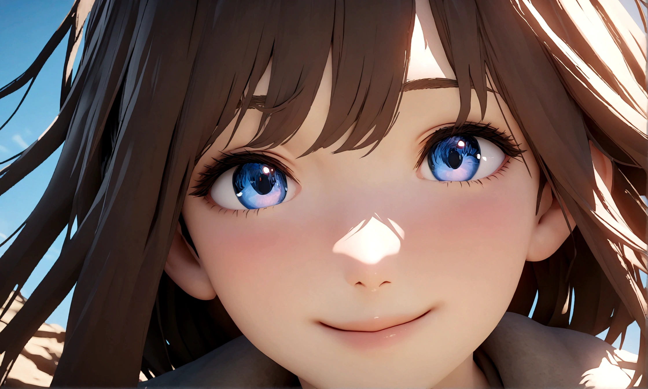 smile, close up face, young beautiful woman, The blue sky reflected in your eyes, professional color grading, perfect, 8K, ultra-detailed, Octane render, Unreal Engine, style of Makoto Shinkai