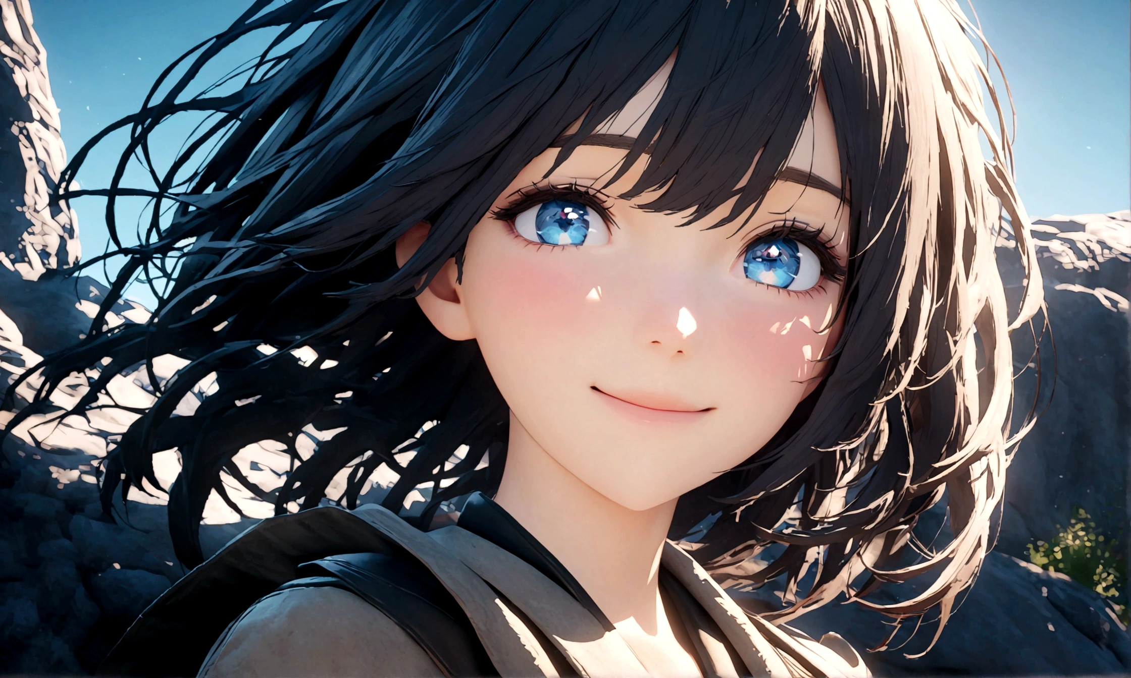 smile, close up face, young beautiful woman, The blue sky reflected in your eyes, professional color grading, perfect, 8K, ultra-detailed, Octane render, Unreal Engine, style of Makoto Shinkai