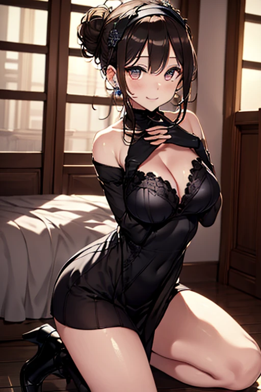 (((Masterpiece))),(((Super Detail))),(((in 8K))),(((best composition))),(((Rim lighting,Fireglow effect,deep shadow))),solo),Beautiful fingers,Detailed finger features,(Detailed hair features:1.7),(Dynamic and sexy bending pose:1.3),detailed facial features,detailed clothes features, (perky chest:1.1), (pointed chest:1.3), delicate beautiful face, Bright blue eyes, cute eyes, sparkling eyes, Big eyes, beautiful detailed eyes,double bun with glittering hair ornament:0.6,(super detailed glossy skin:1.3),slender body,goddess smile,((with sparkling eyes and a contagious smile)),beautiful posture,have a cup of coffee,black hair, red eyes, dress, bare shoulders, jewelry, collarbone, sidelocks, hairband, earrings, indoors, off shoulder, sweater, arms behind back, plant, short hair with long locks, white hairband, off-shoulder dress, sweater dress, off-shoulder sweater, red sweater, big side hair, very long side hair,(super delicate floral pattern:1.2),seductive cleavage:1.3,beautiful glossy legs,shiny red high heels,lifting dishes with cakesd,french restaurant,hustle and bustle,rising steam,(((depth of fields)))