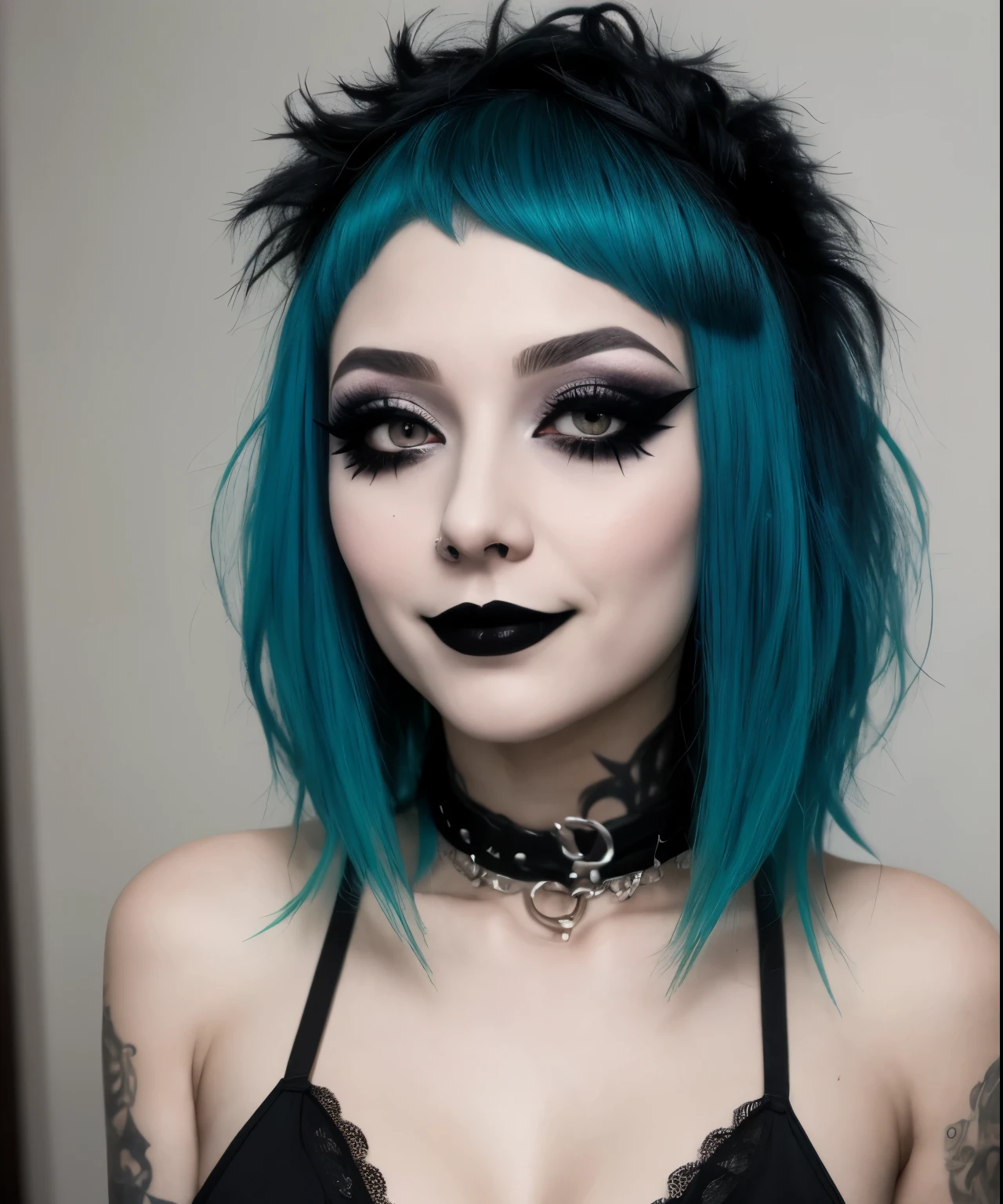 bce, 1girl, aqua hair, black eyes, asymmetrical hair, bedroom, goth, goth makeup, smoky eyes, eyeshadow, eyeliner, messy bangs, upper body view, medium breasts, closed mouth smile