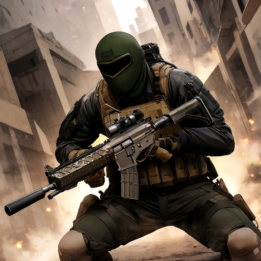 artistic interpretation of Simon "Ghost" Riley from Modern Warfare 3, shows off his iconic skull balaclava and tactical gear in a dynamic pose..